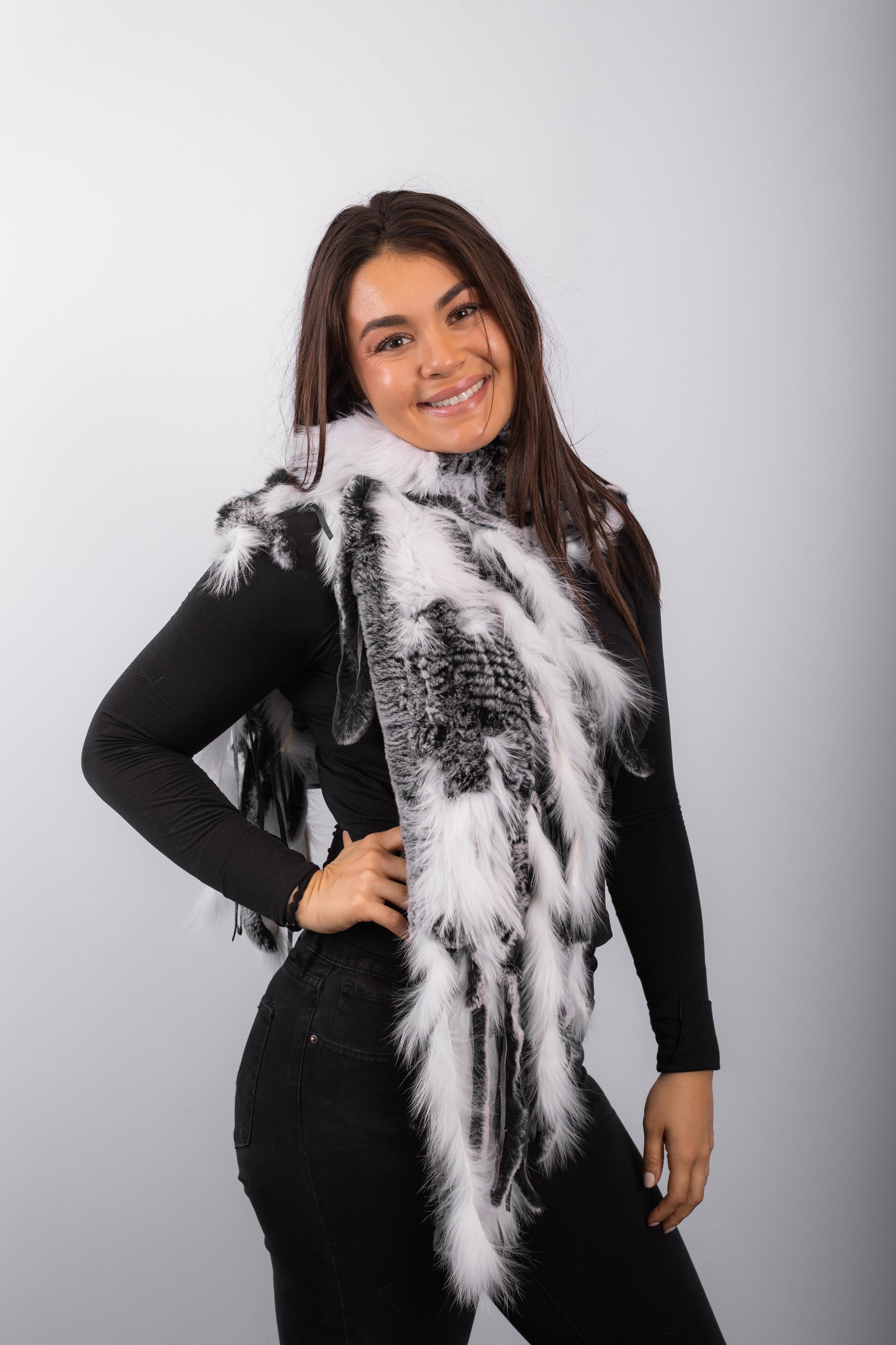 Black Snowtop Rex Rabbit Scarf with White Fox Fur Fringes