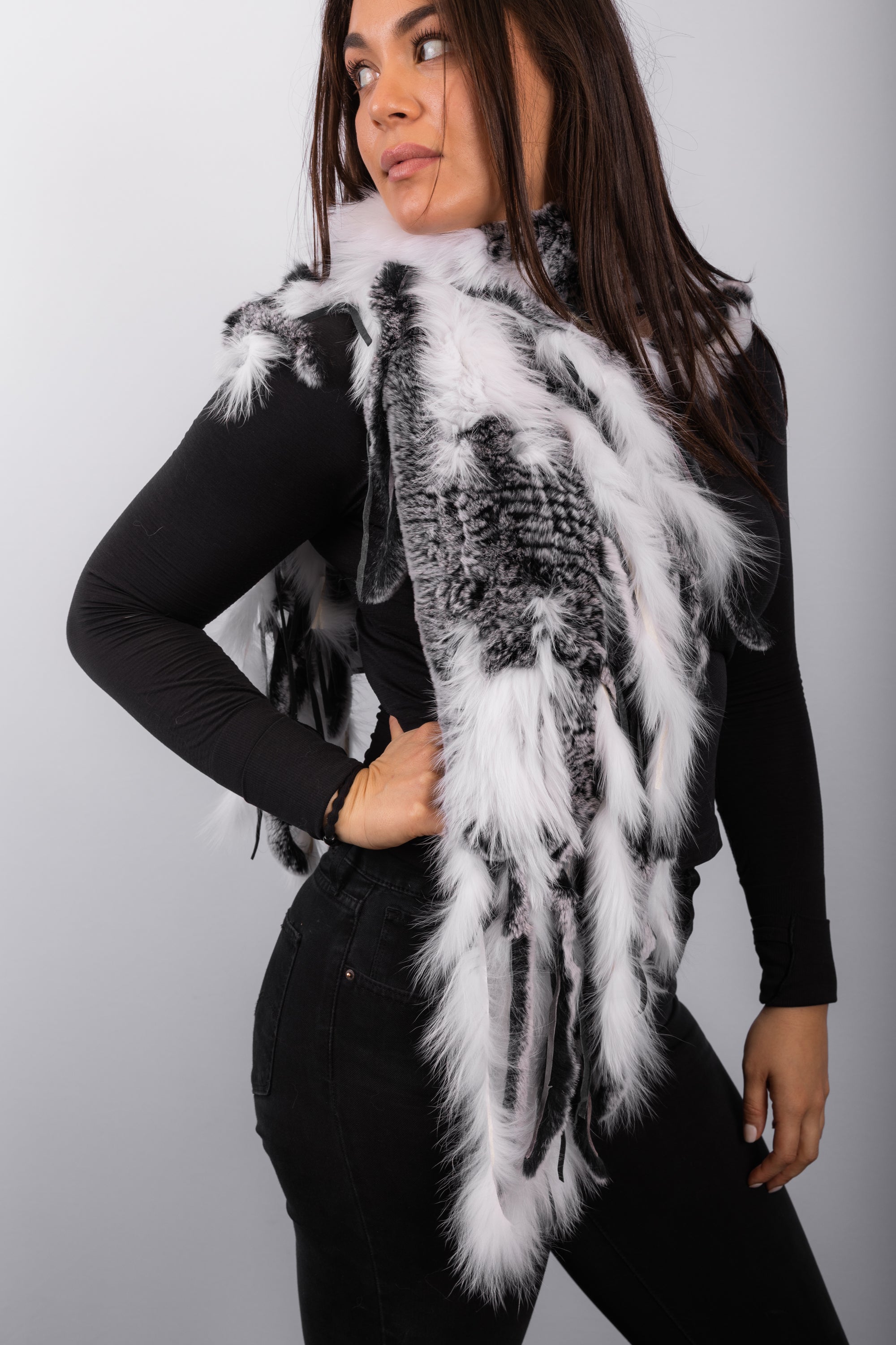 Black Snowtop Rex Rabbit Scarf with White Fox Fur Fringes
