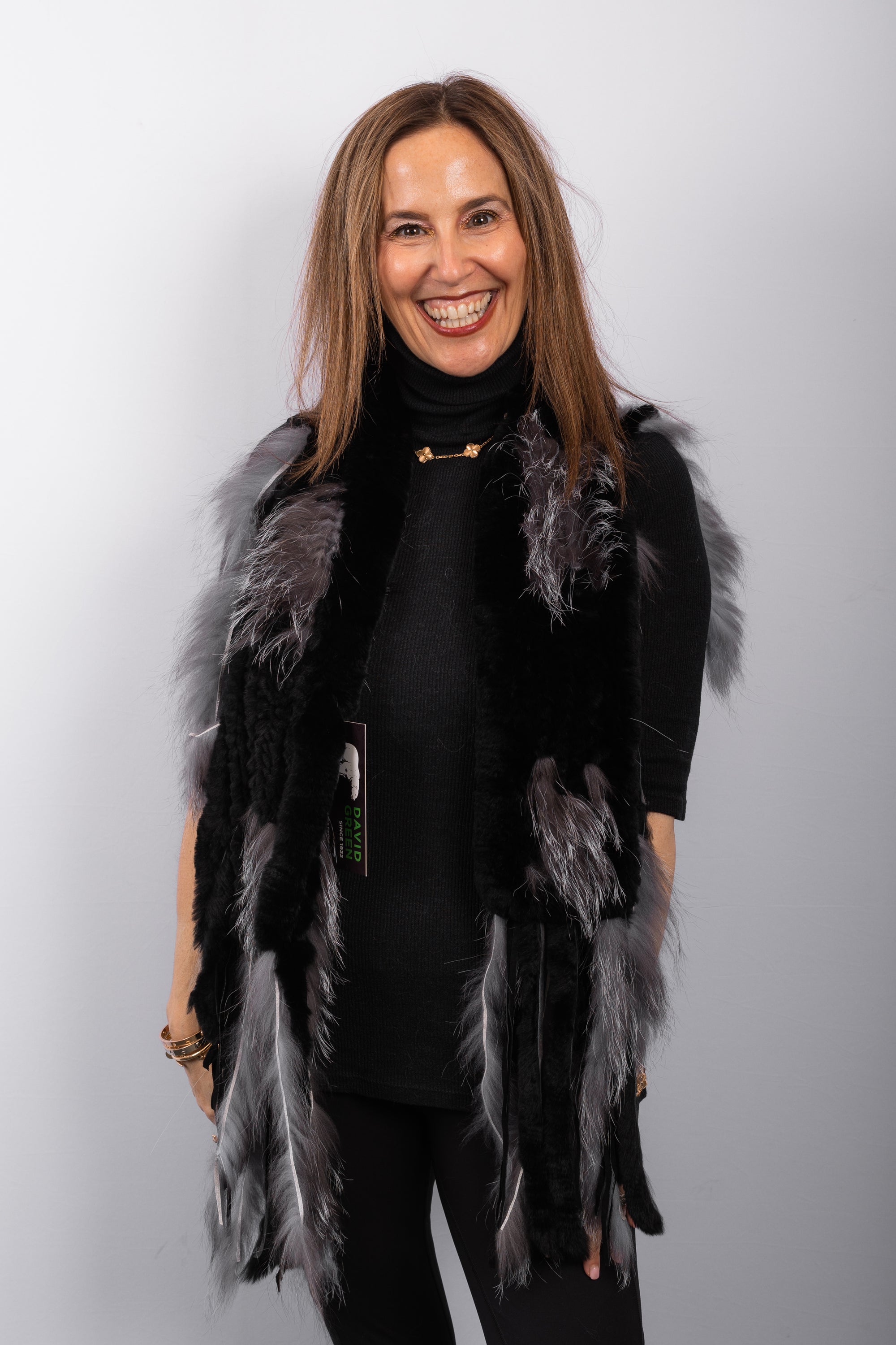 Black Rex Rabbit Scarf with Silver Fox Fur Fringes