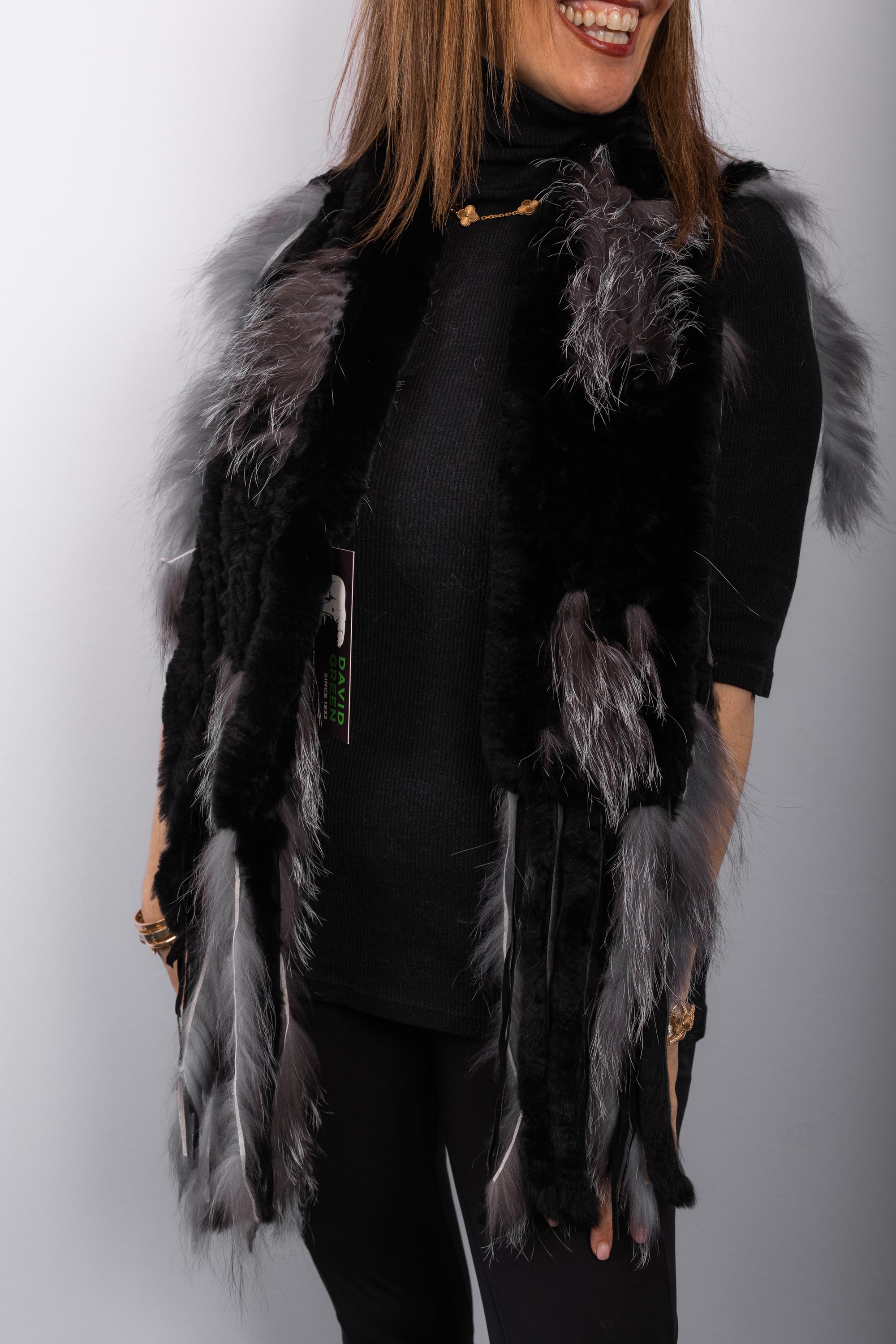 Black Rex Rabbit Scarf with Silver Fox Fur Fringes