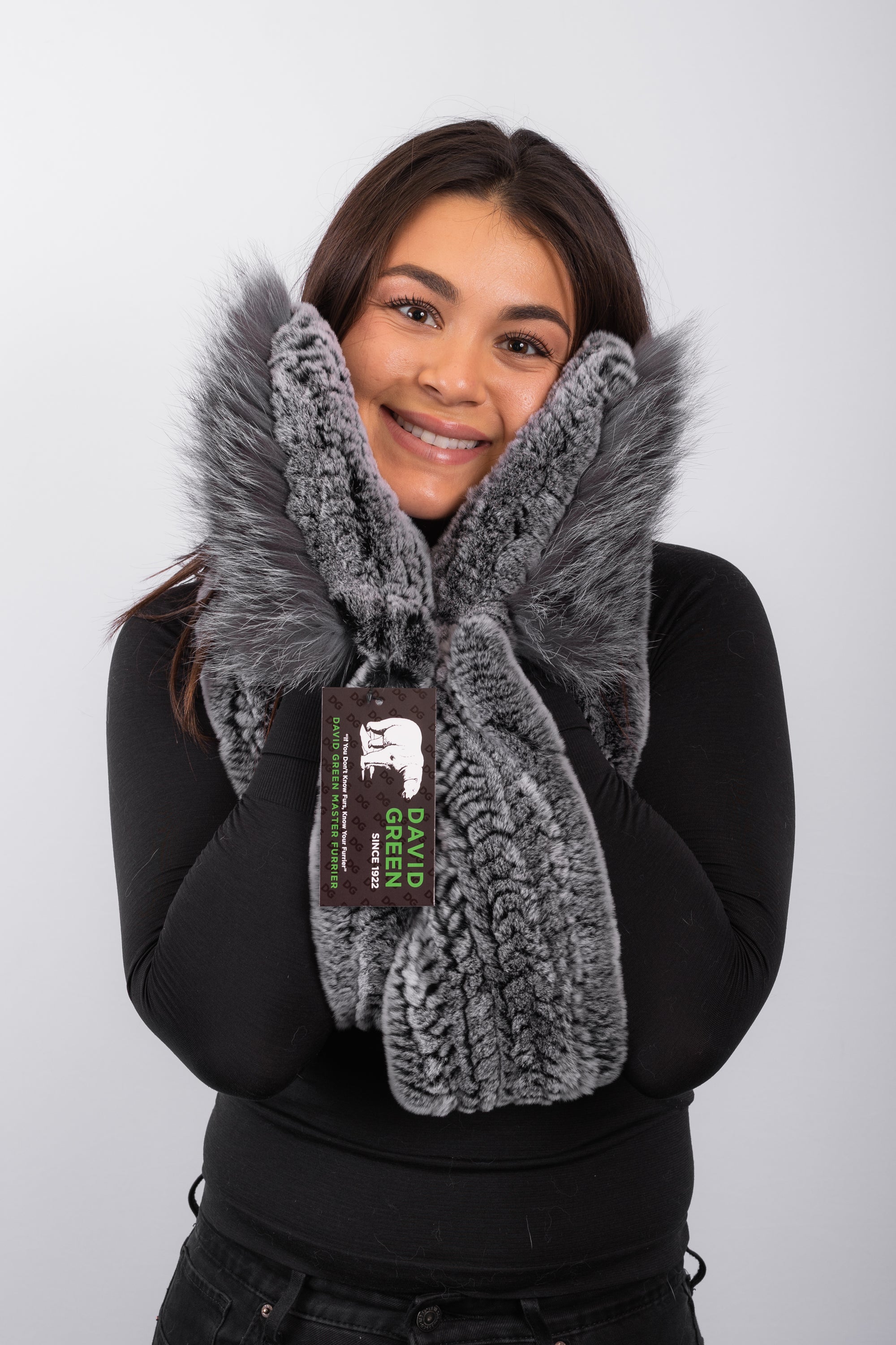 Chinchilla Rex Rabbit Scarf with Silver Fox Fur Trim - Mitten