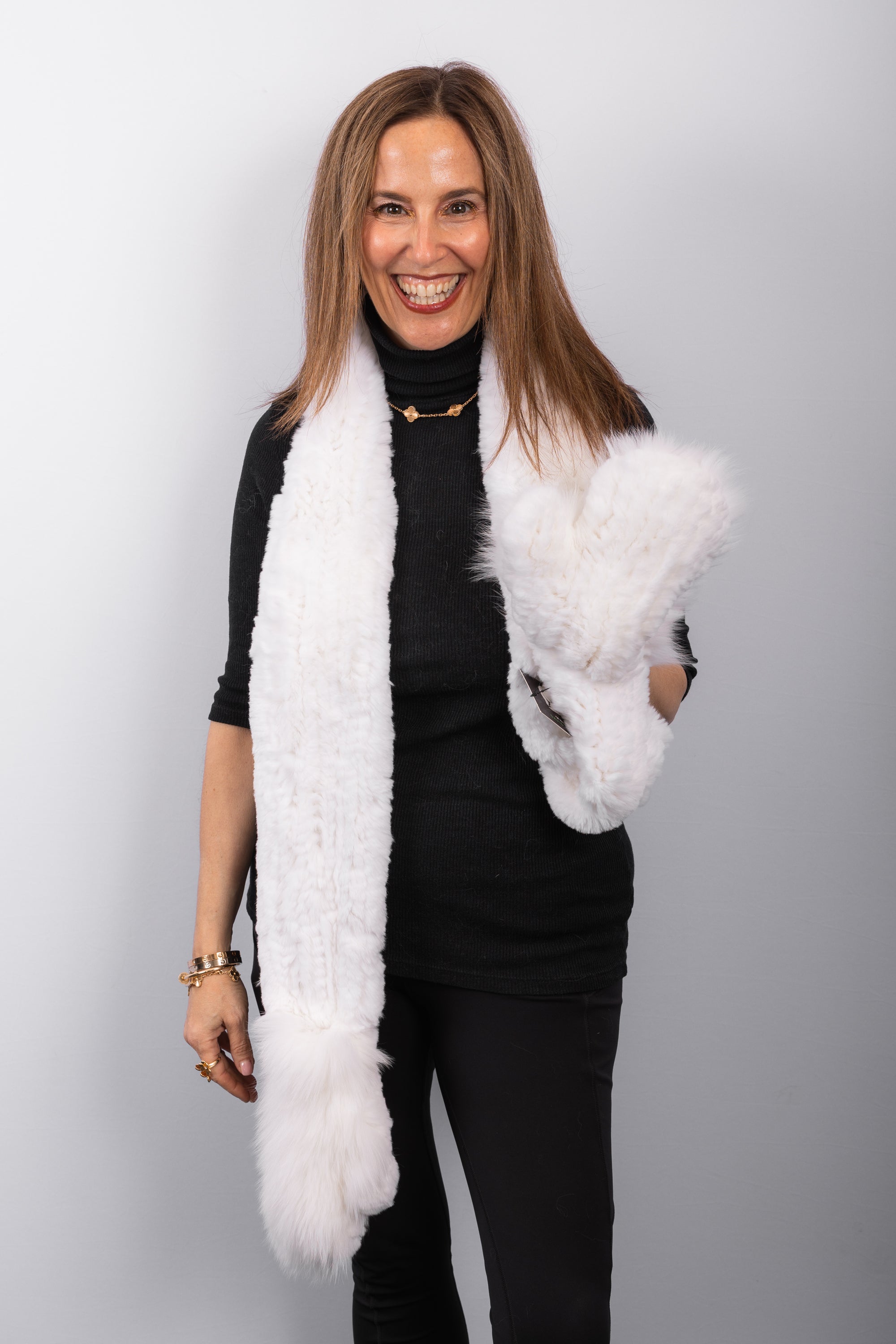 White Rex Rabbit Scarf with White Fox Fur Trim - Mitten