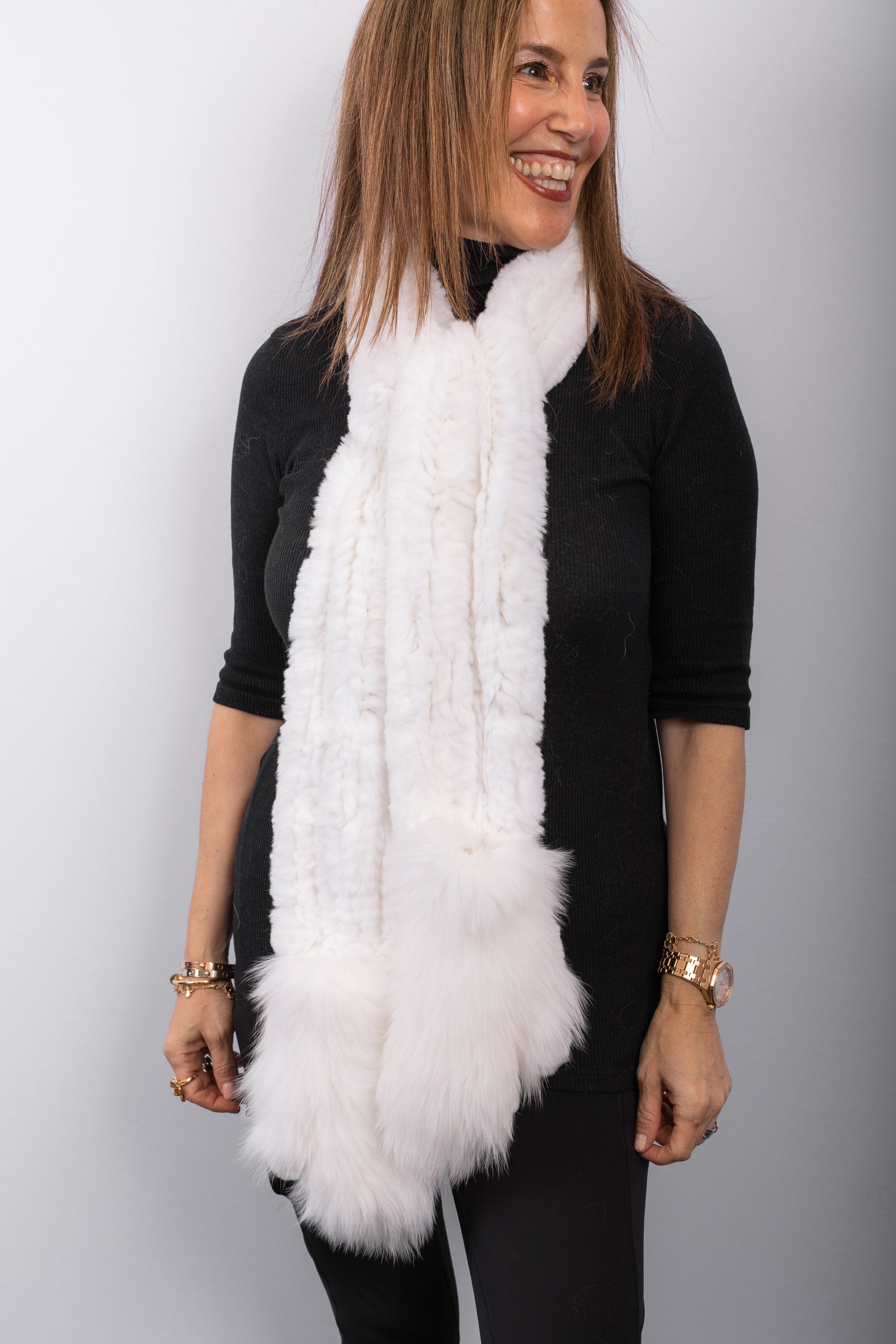 White Rex Rabbit Scarf with White Fox Fur Trim - Mitten