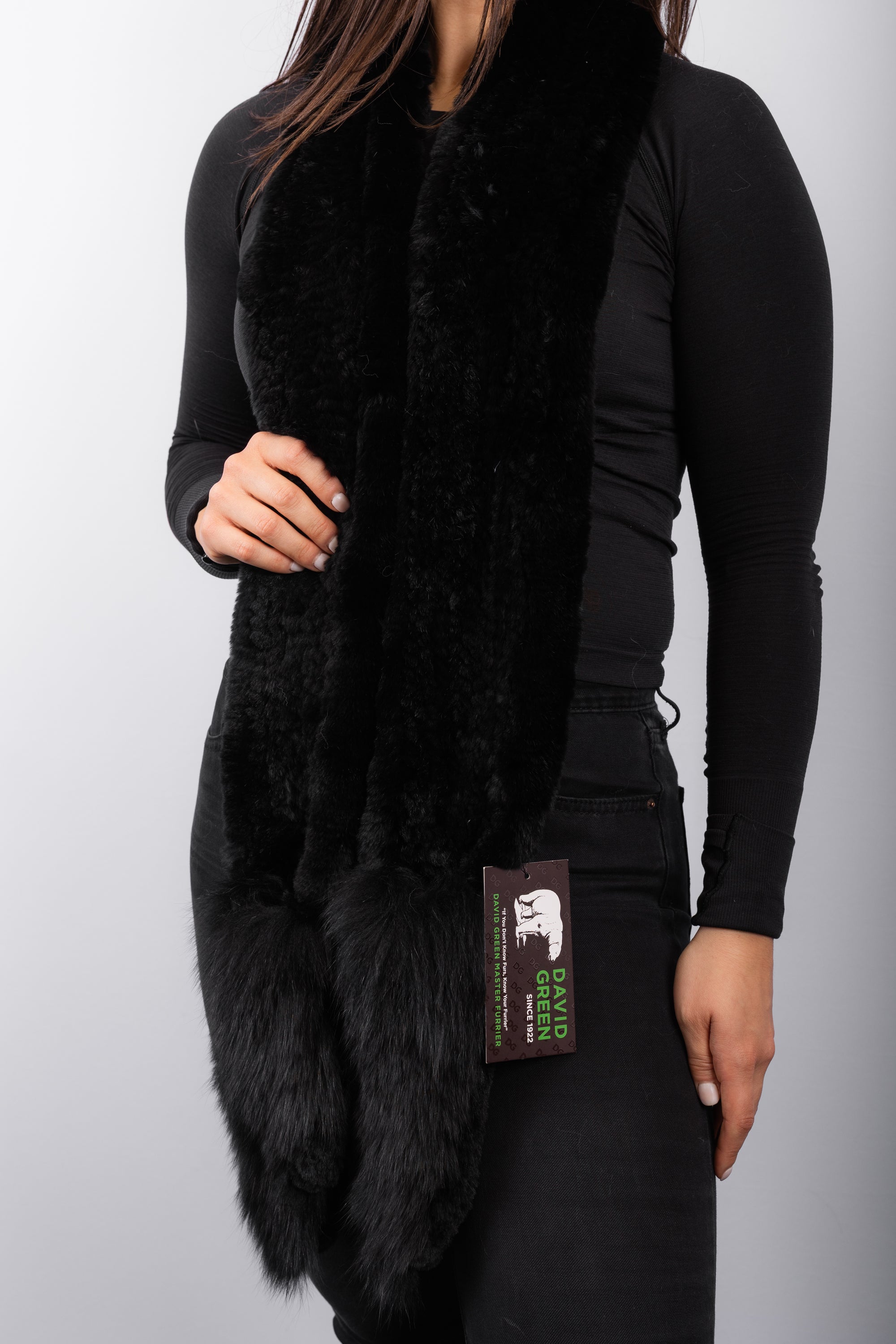 Black Rex Rabbit Scarf with Black Fox Fur Trim - Mitten