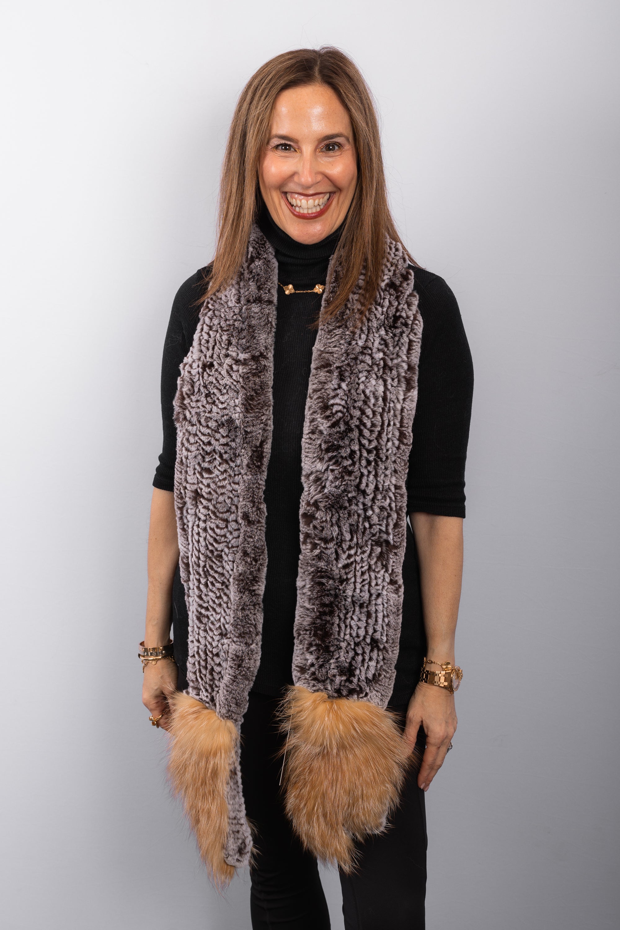Mocha Snowtop Rex Rabbit Scarf with Amber Frost Fox Fur Trim - Mitten