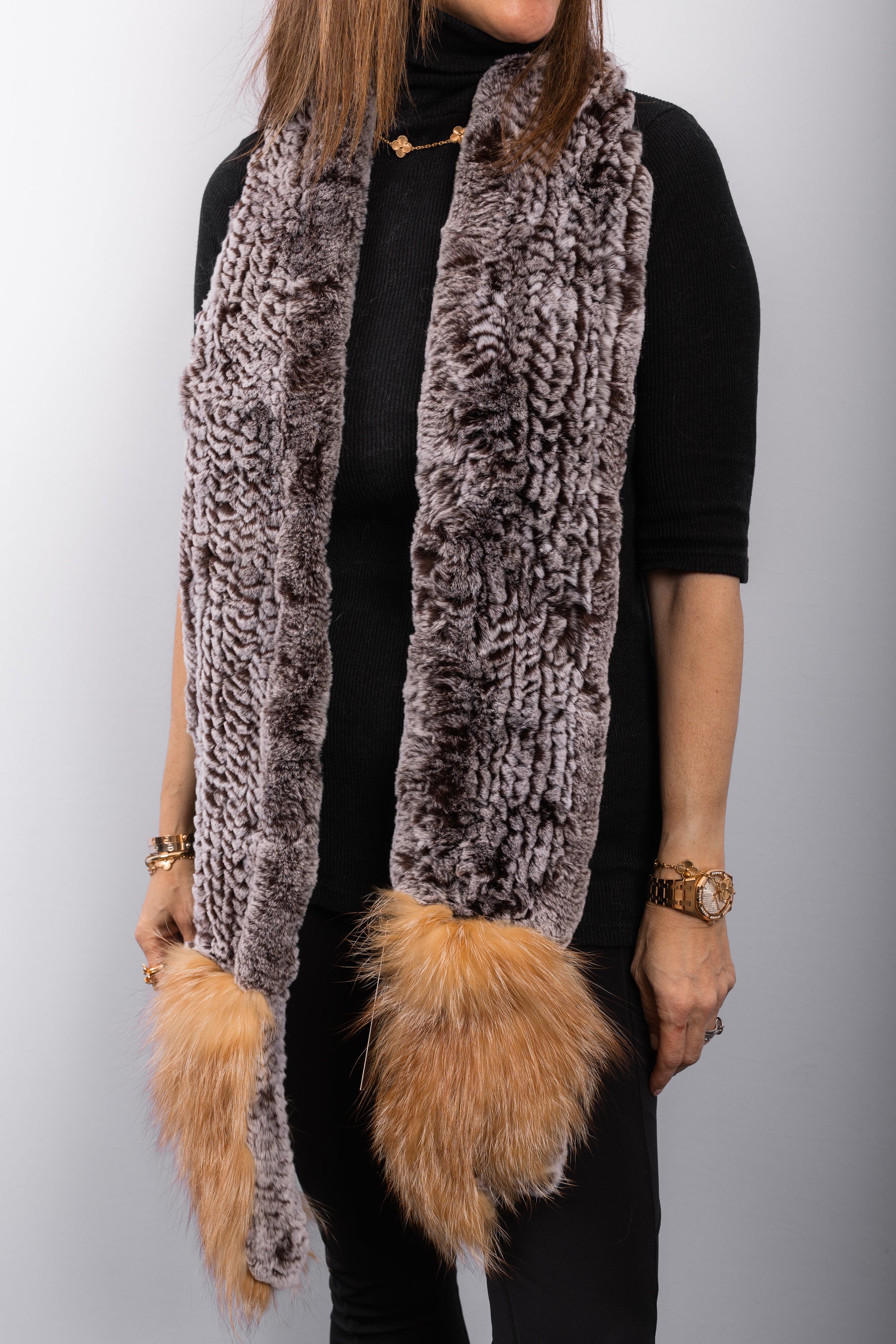 Mocha Snowtop Rex Rabbit Scarf with Amber Frost Fox Fur Trim - Mitten