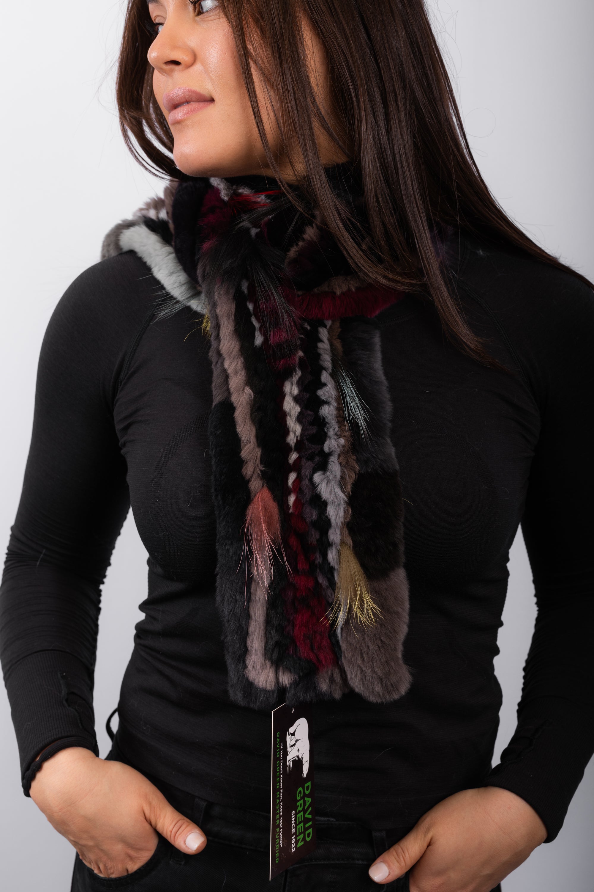 Multicolor Rex Rabbit Scarf with Multi Silver Fox Fur Wisps