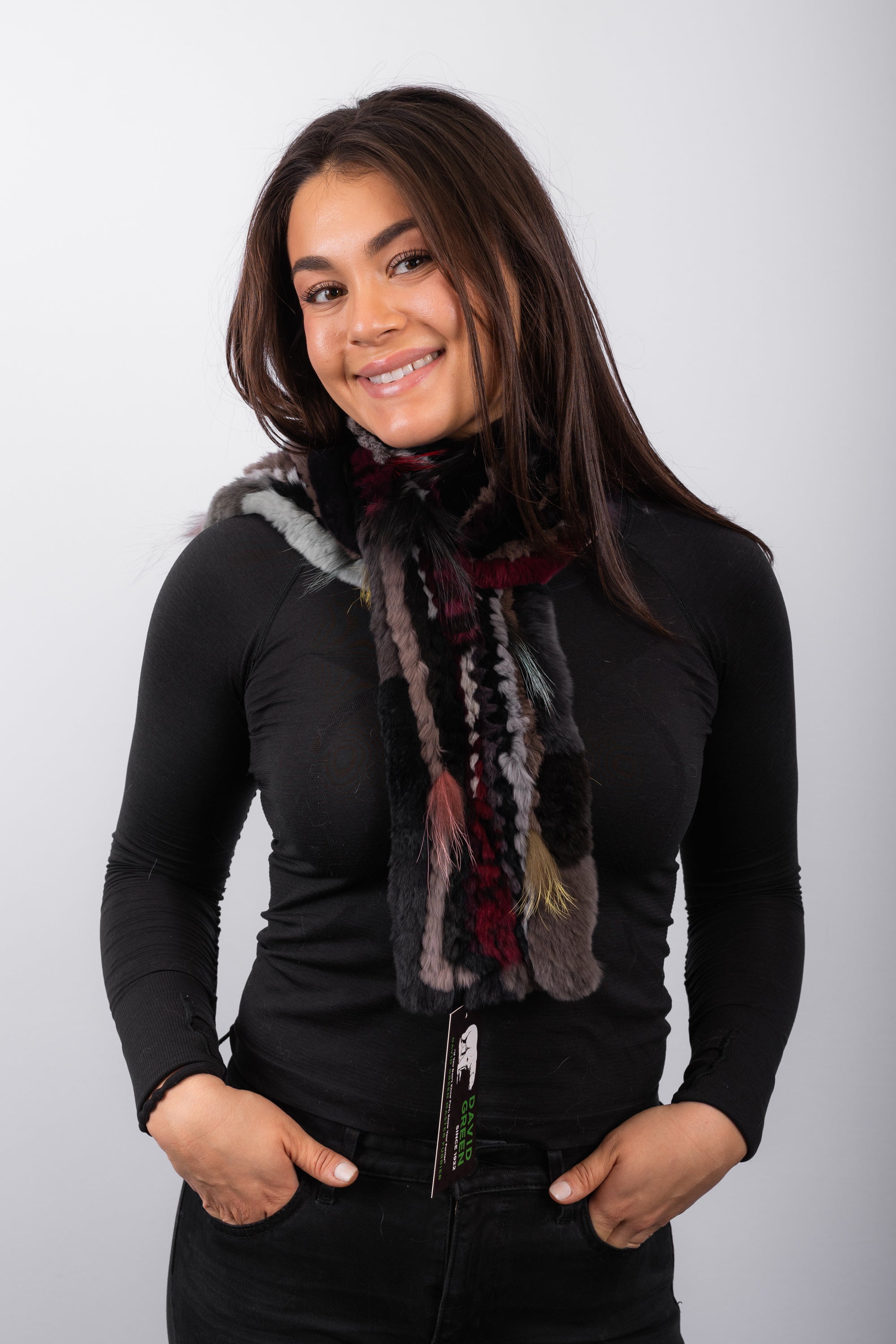 Multicolor Rex Rabbit Scarf with Multi Silver Fox Fur Wisps