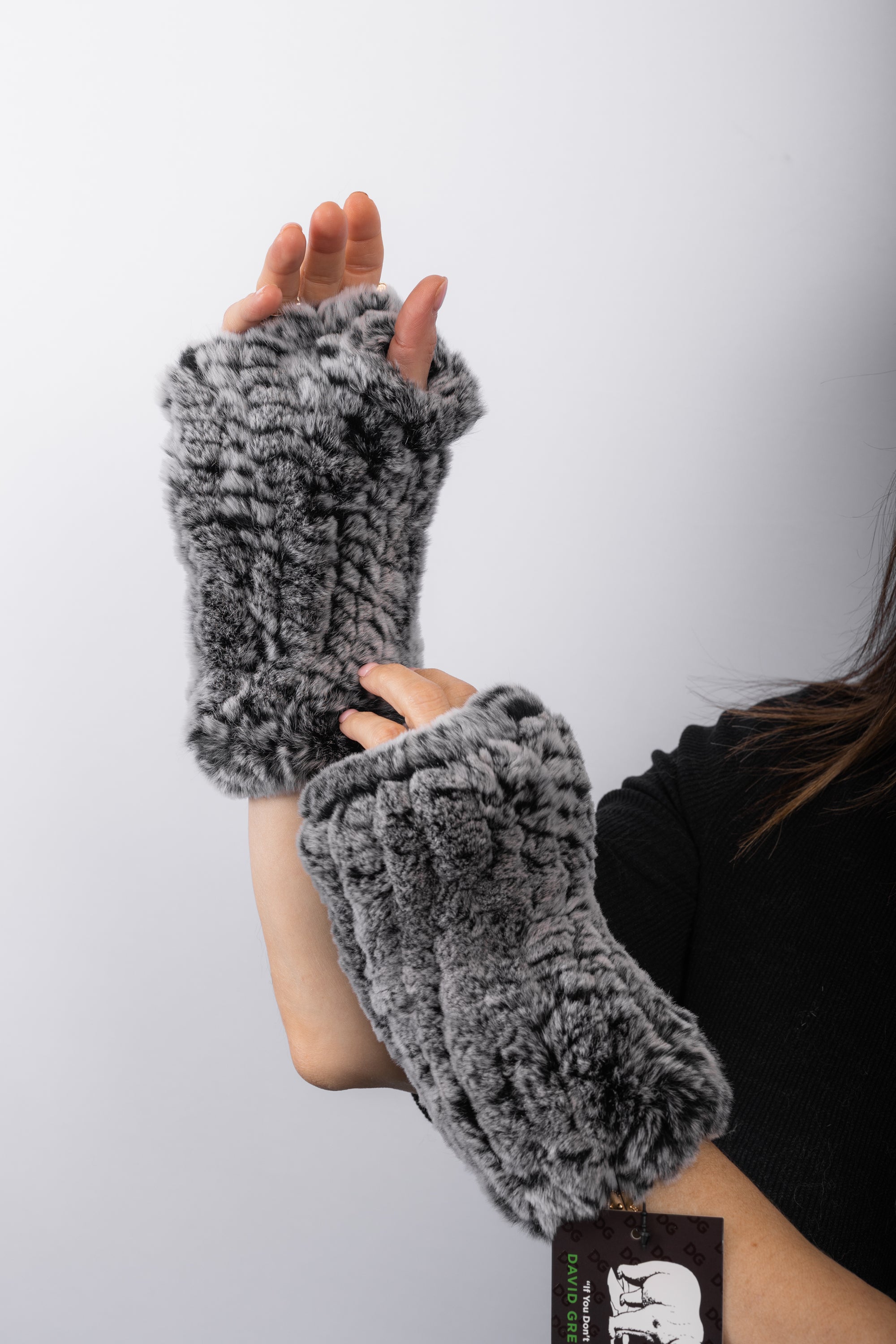 Black Snowtop Rex Rabbit Fingerless Gloves