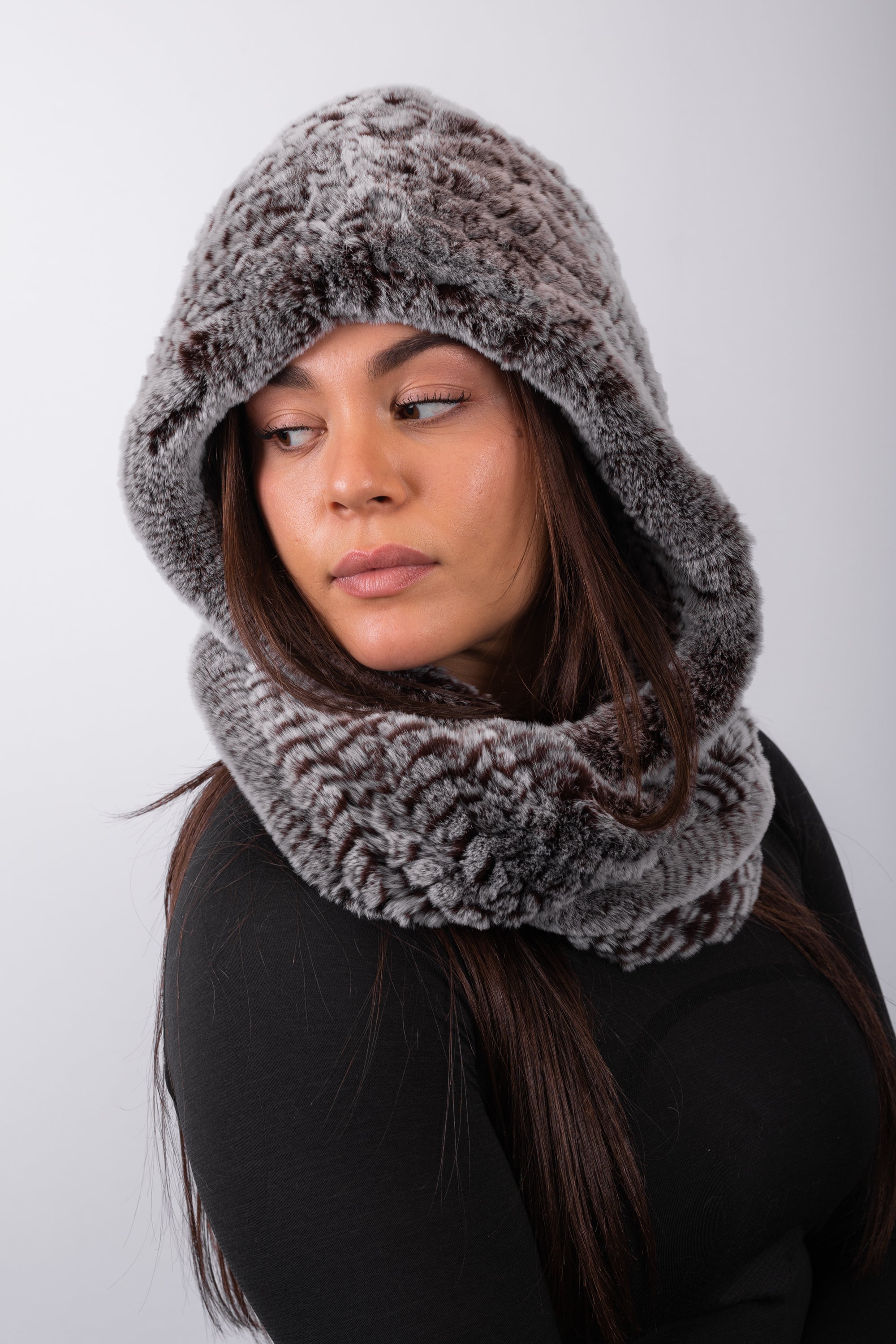 Mocha Snowtop Rex Rabbit Hooded Scarf