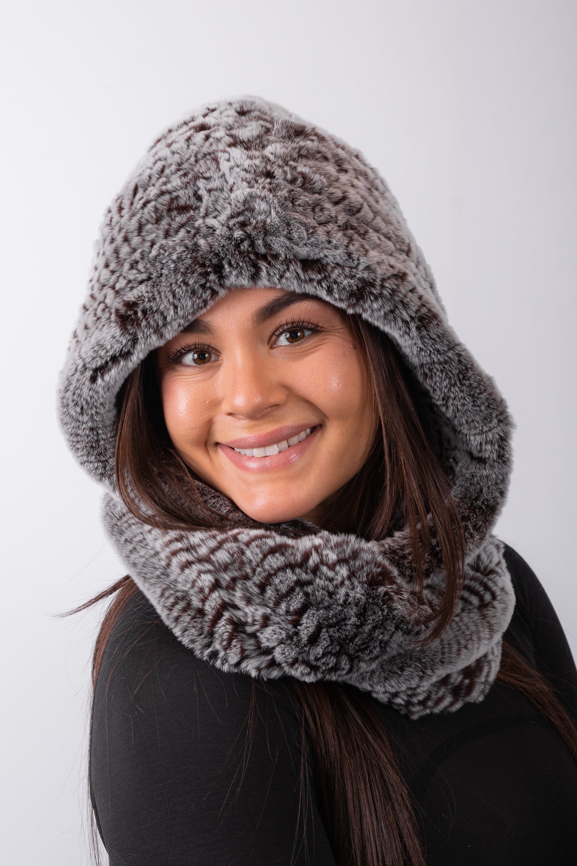 Mocha Snowtop Rex Rabbit Hooded Scarf