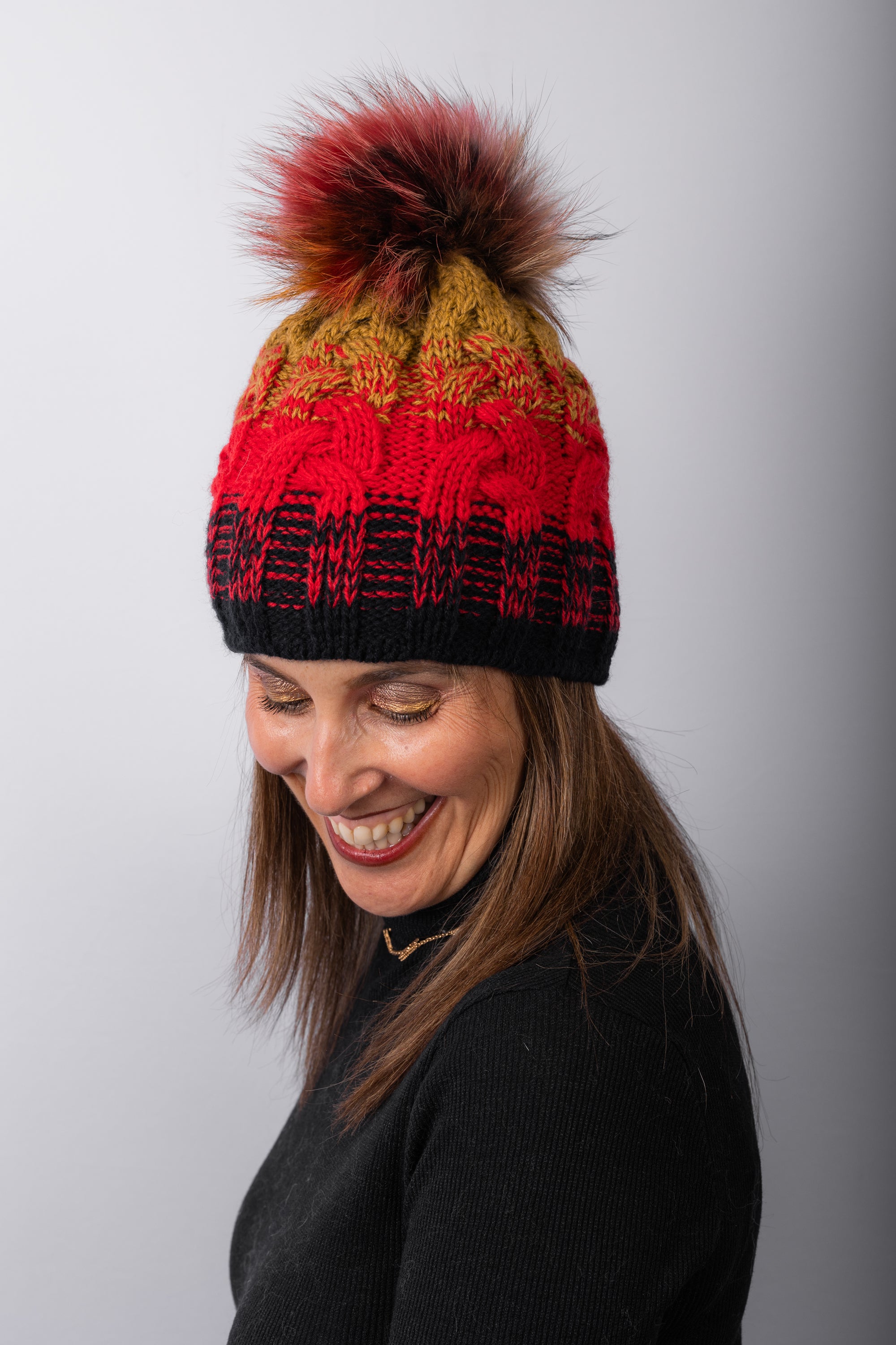 Cable Knit "Alaska" Hat with Fox - Alaskan Sunset