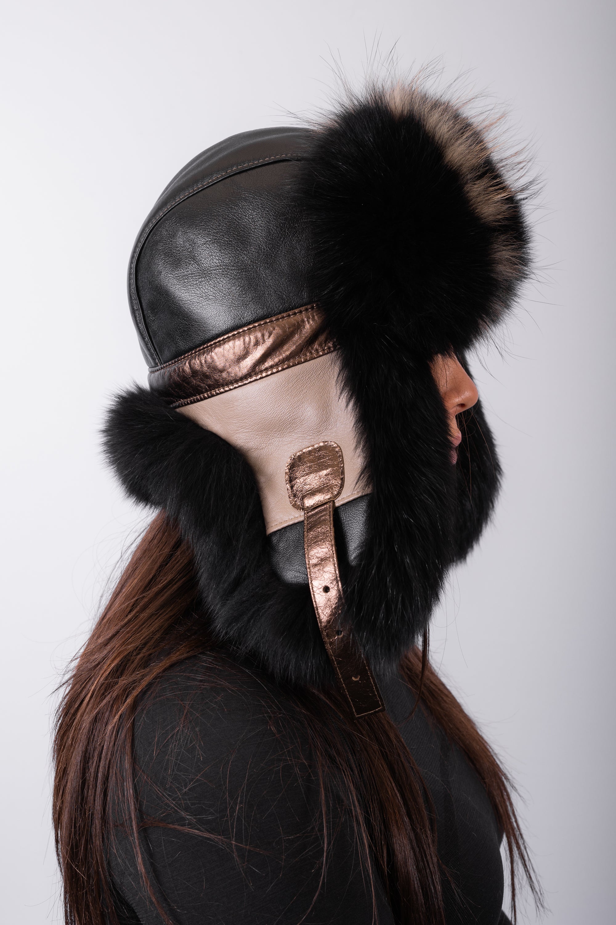 Black/Bronze Lamb Leather Musher Hat with Black Fox/Natural Asiatic Raccoon Fur Trim