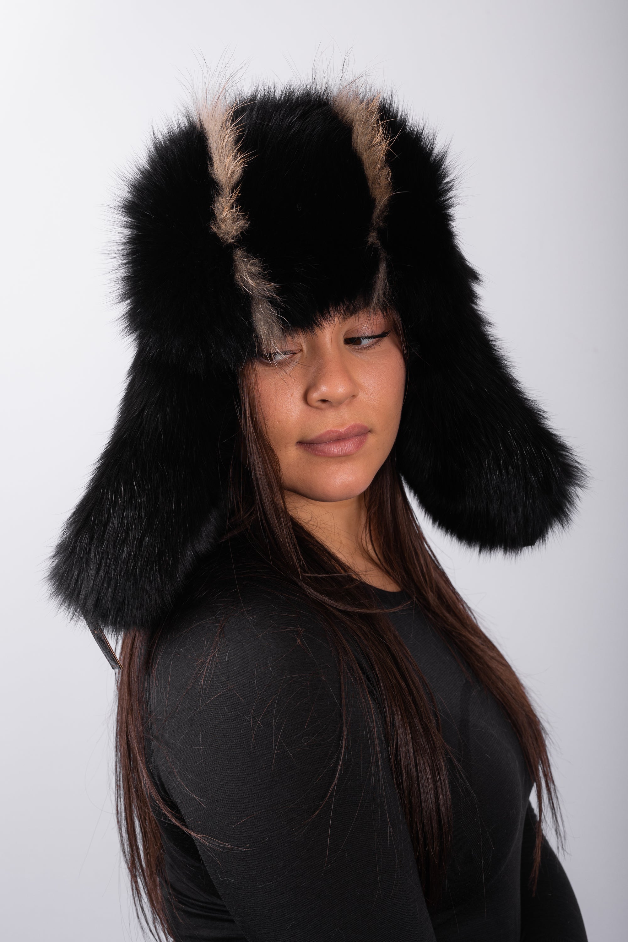 Black/Bronze Lamb Leather Musher Hat with Black Fox/Natural Asiatic Raccoon Fur Trim