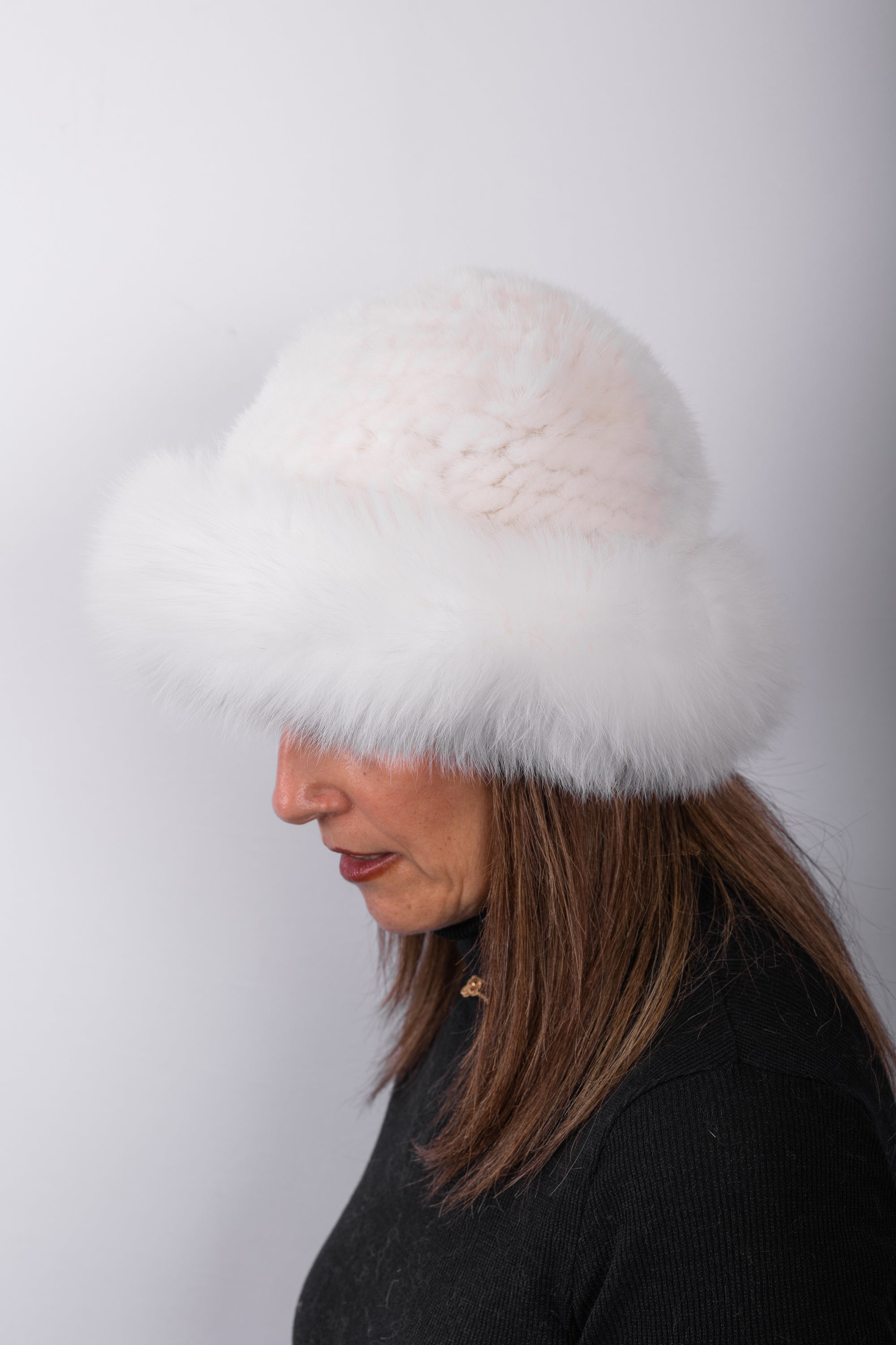White Mink Hat with White Fox Fur Trim - Traditional Style