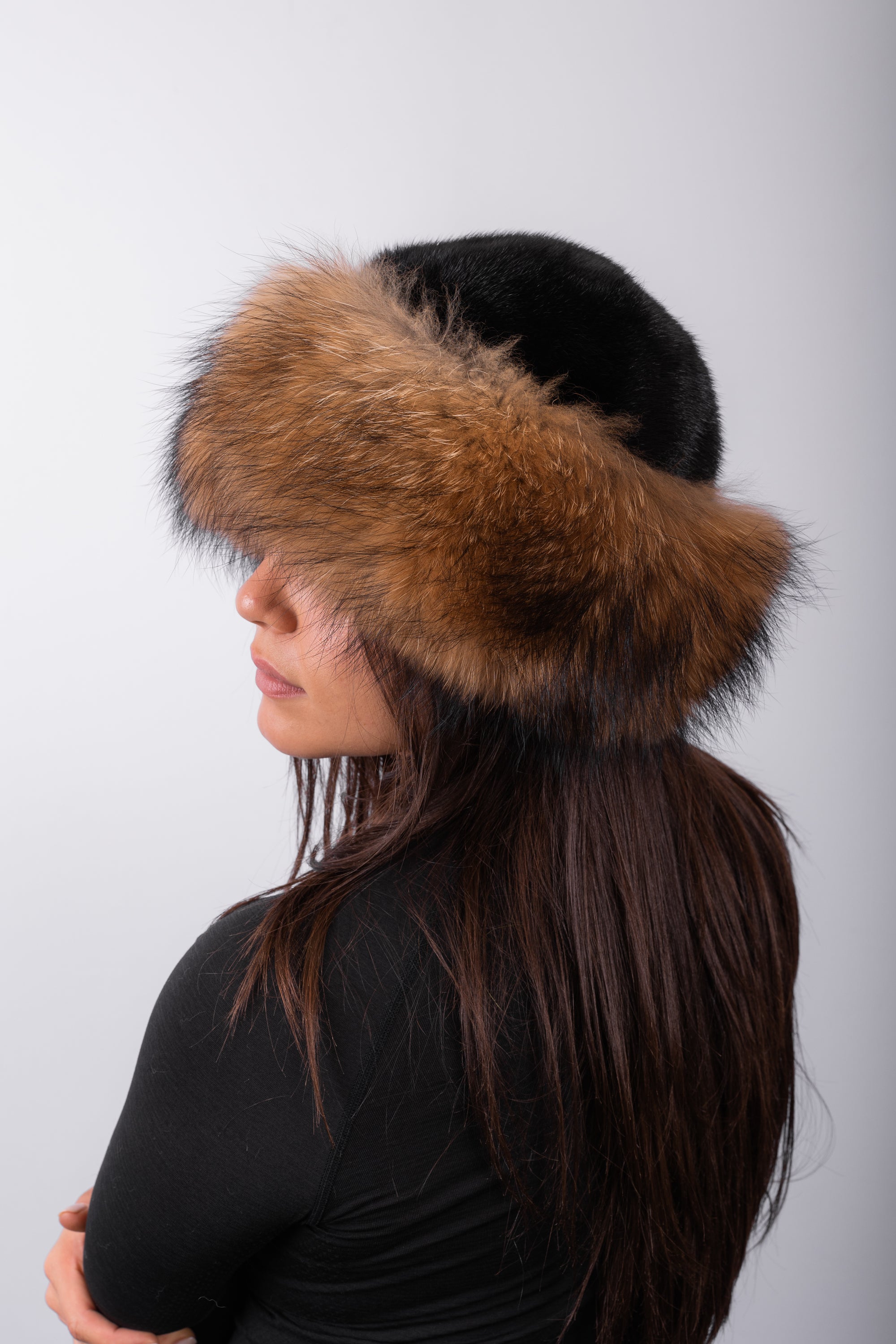 Black Mink Hat with Natural Asiatic Raccoon Fur Trim
