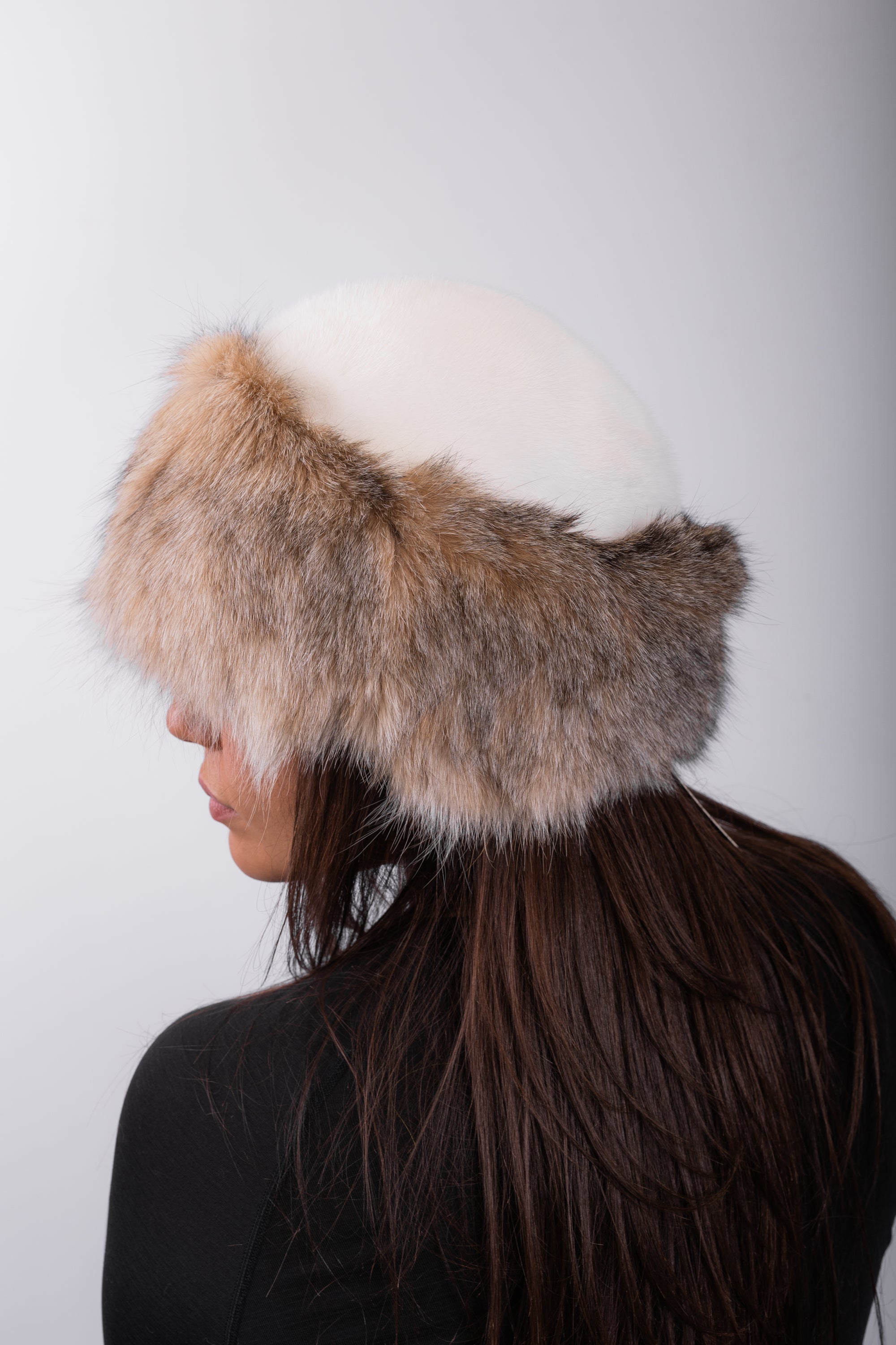 Natural White Mink Hat with Lynx Cat Fur Trim