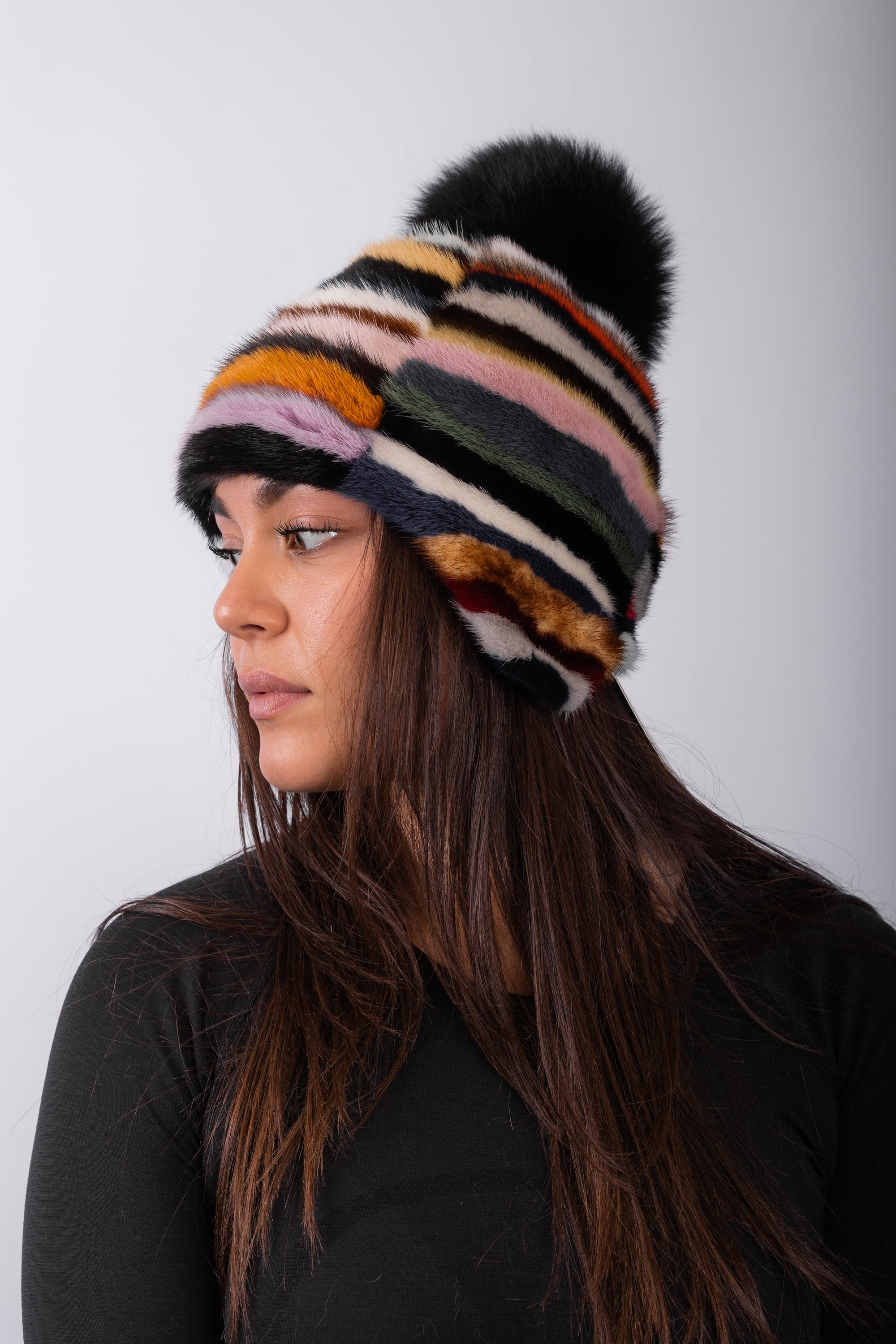 Multicolor Mink Hat with Black Fox w/ Ear Flaps