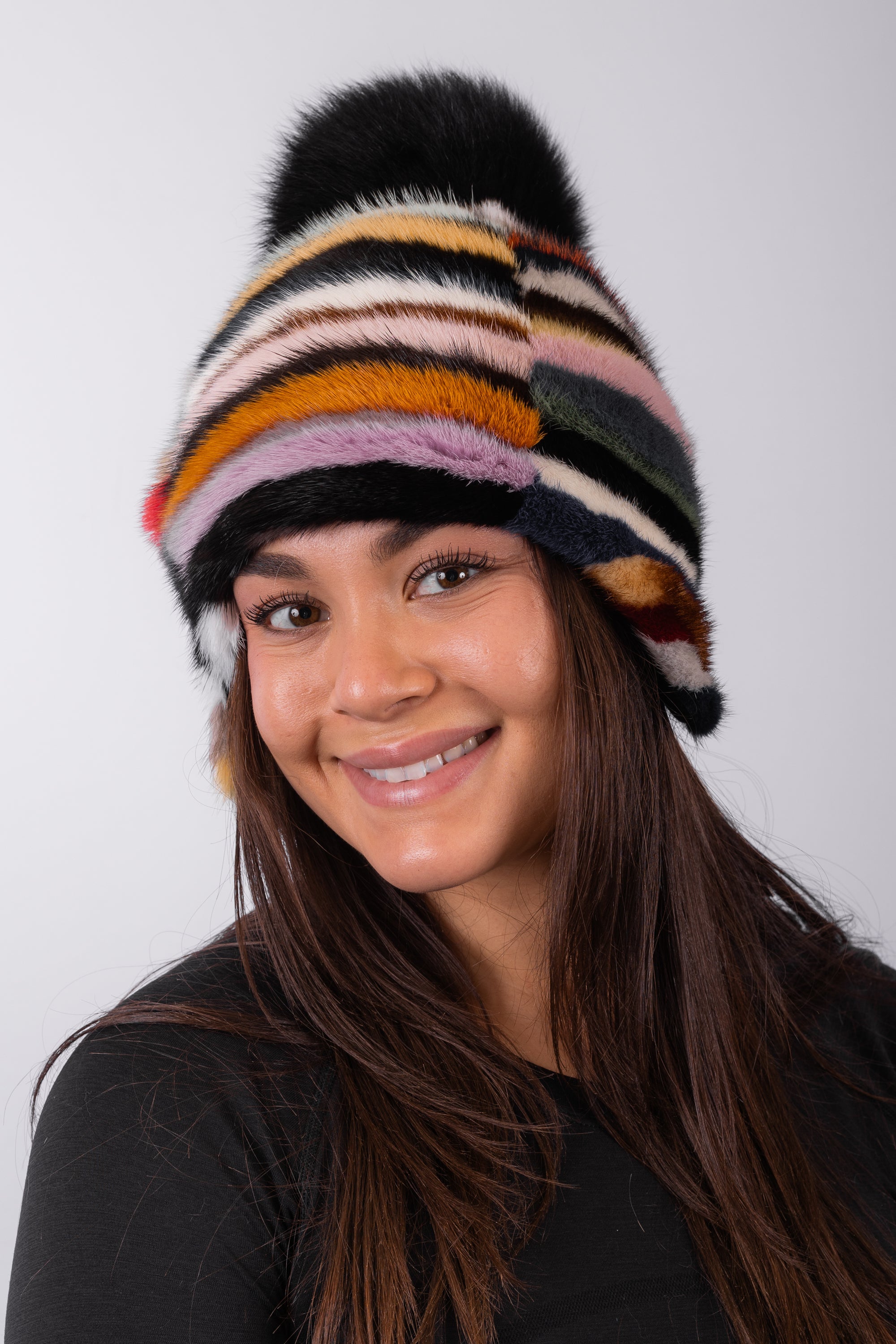 Multicolor Mink Hat with Black Fox w/ Ear Flaps