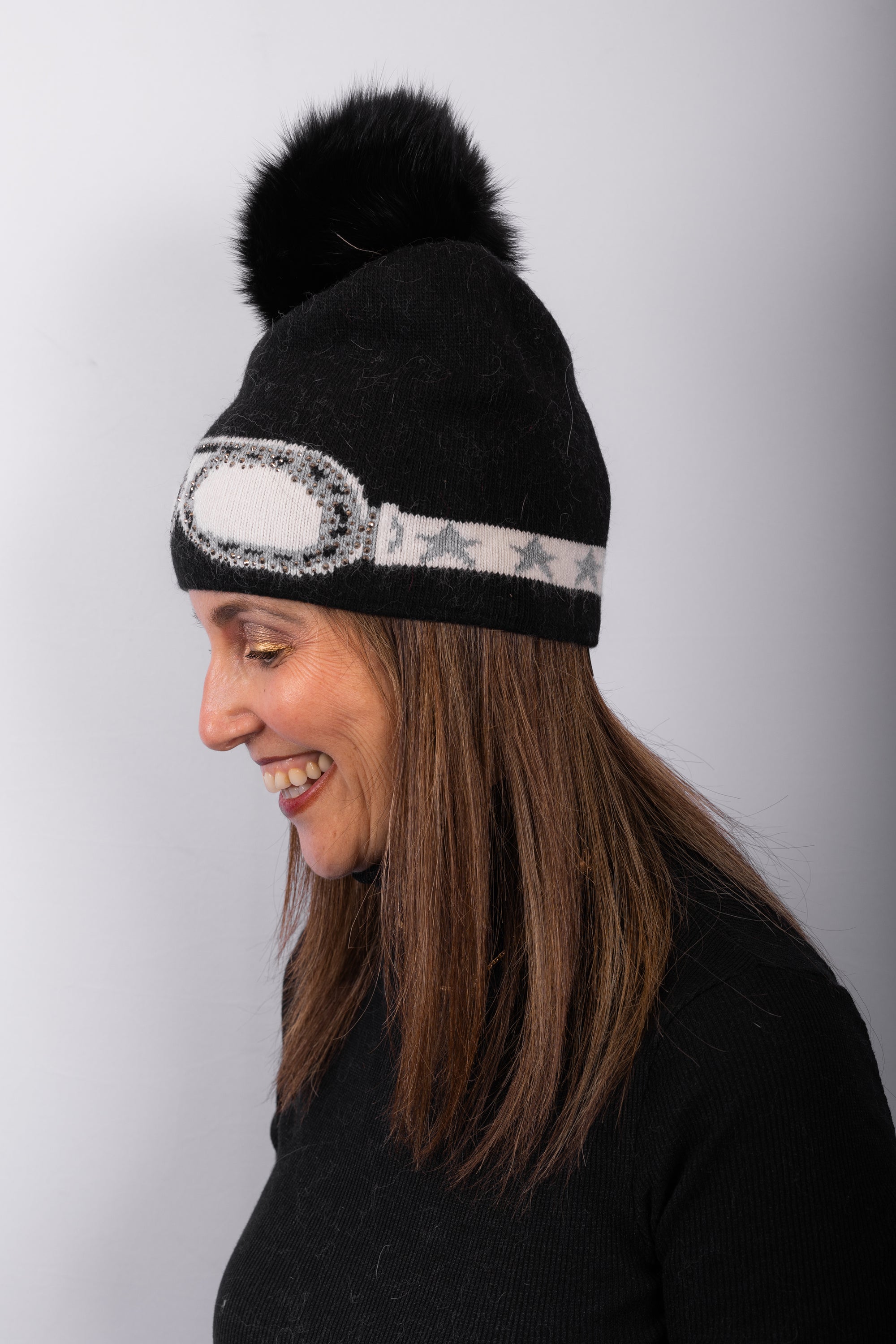 Black Knit Hat with Fox