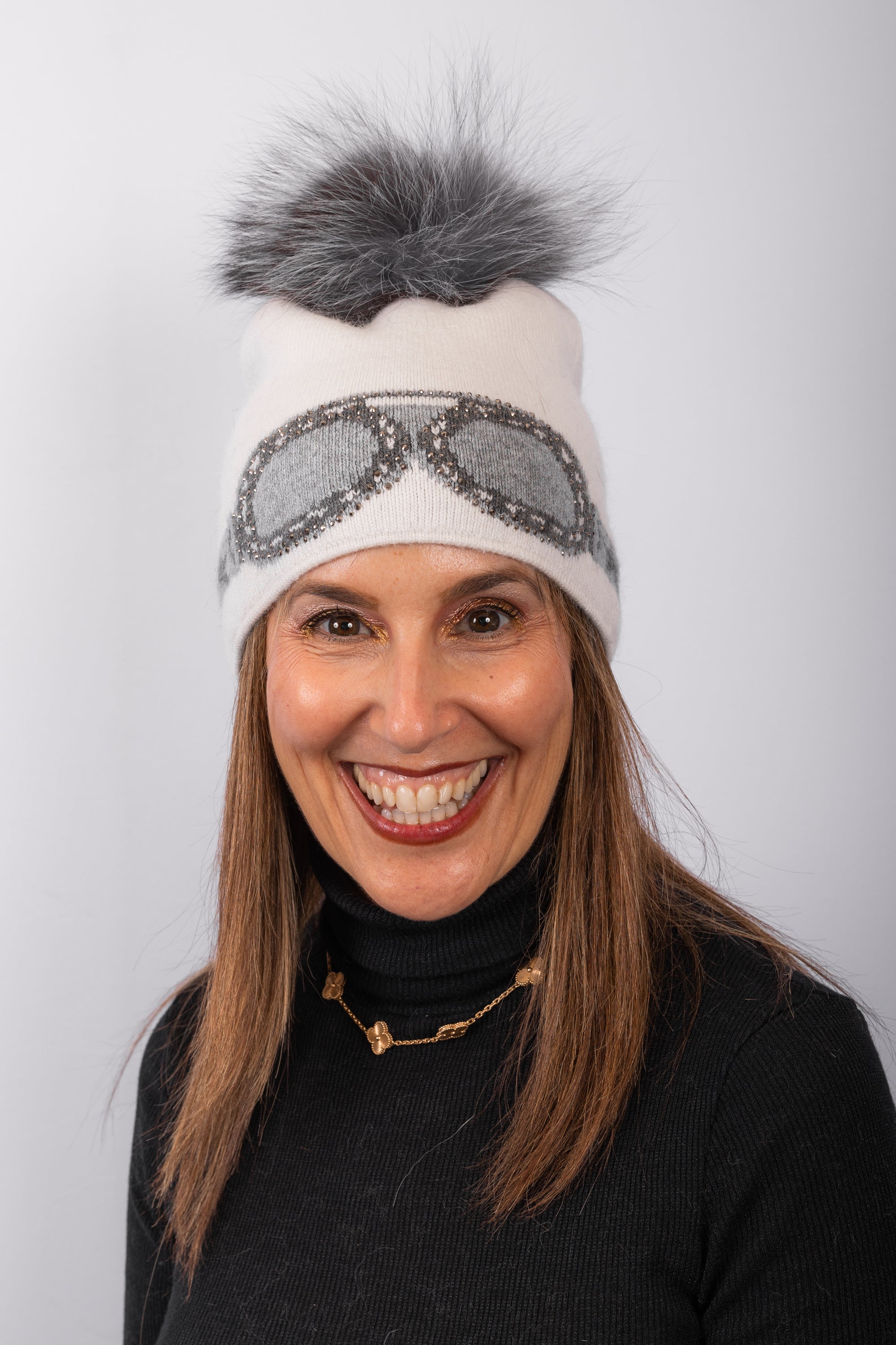 Ivory Knit Hat with Indigo Fox