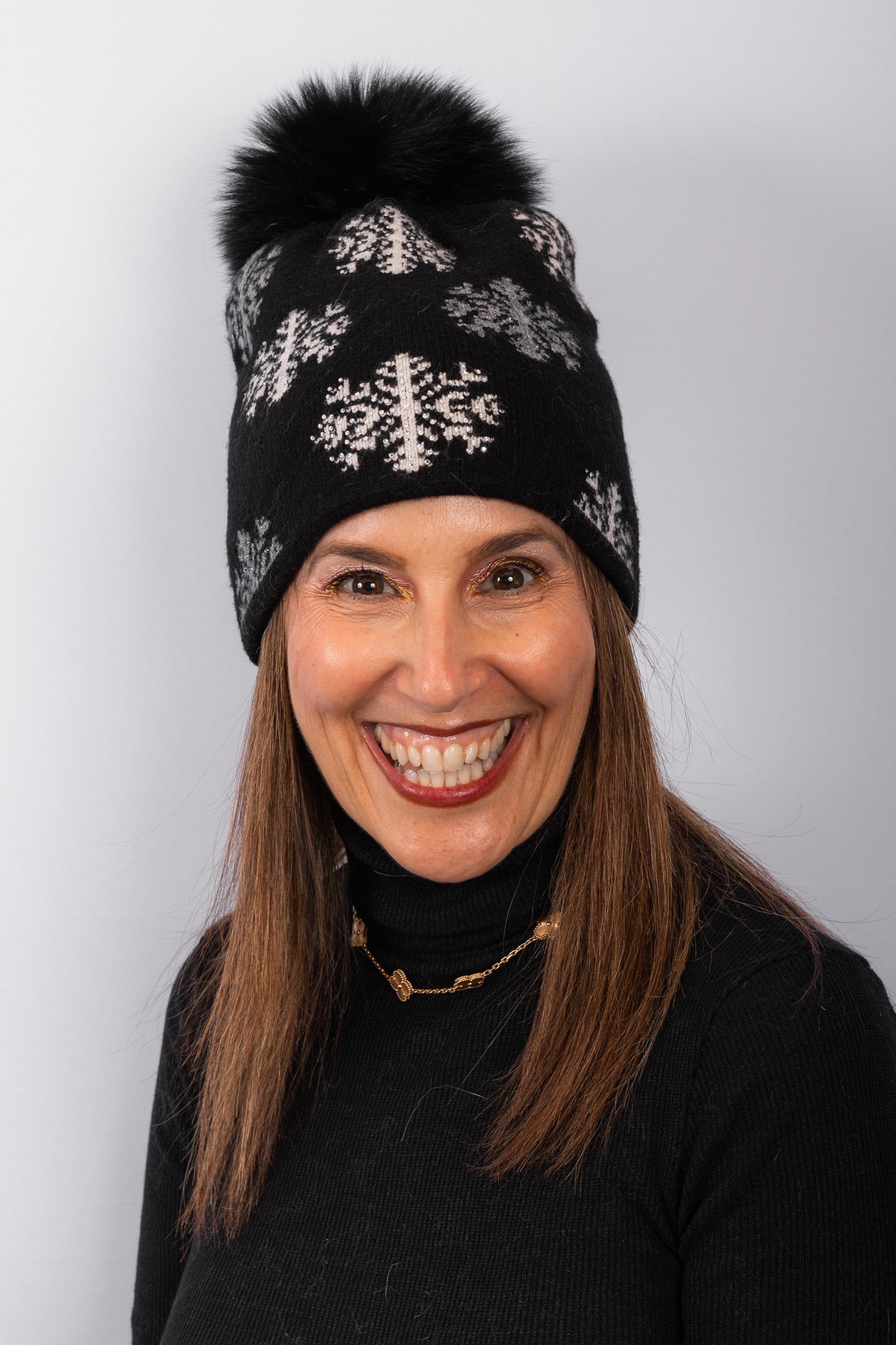 Black/Grey/White Knit Hat with Black Fox