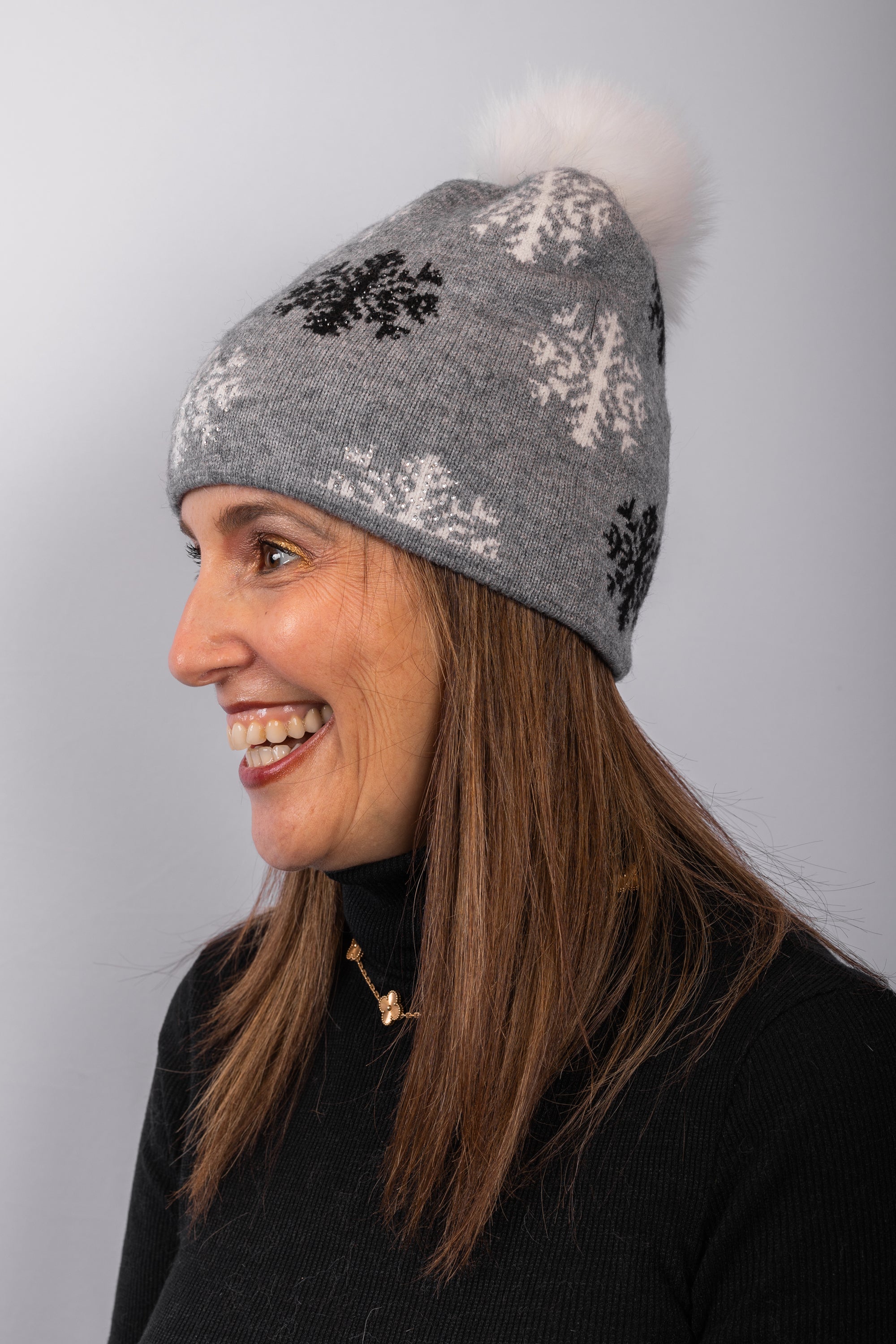 Grey/Black/White Knit Hat with Natural White Fox