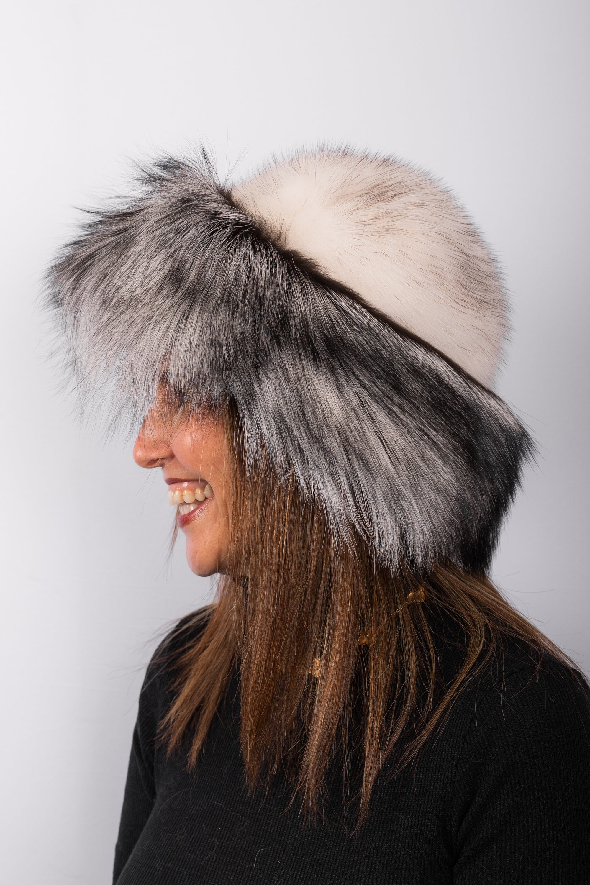 Natural Cross Mink Hat with Silver Fox Fur Trim