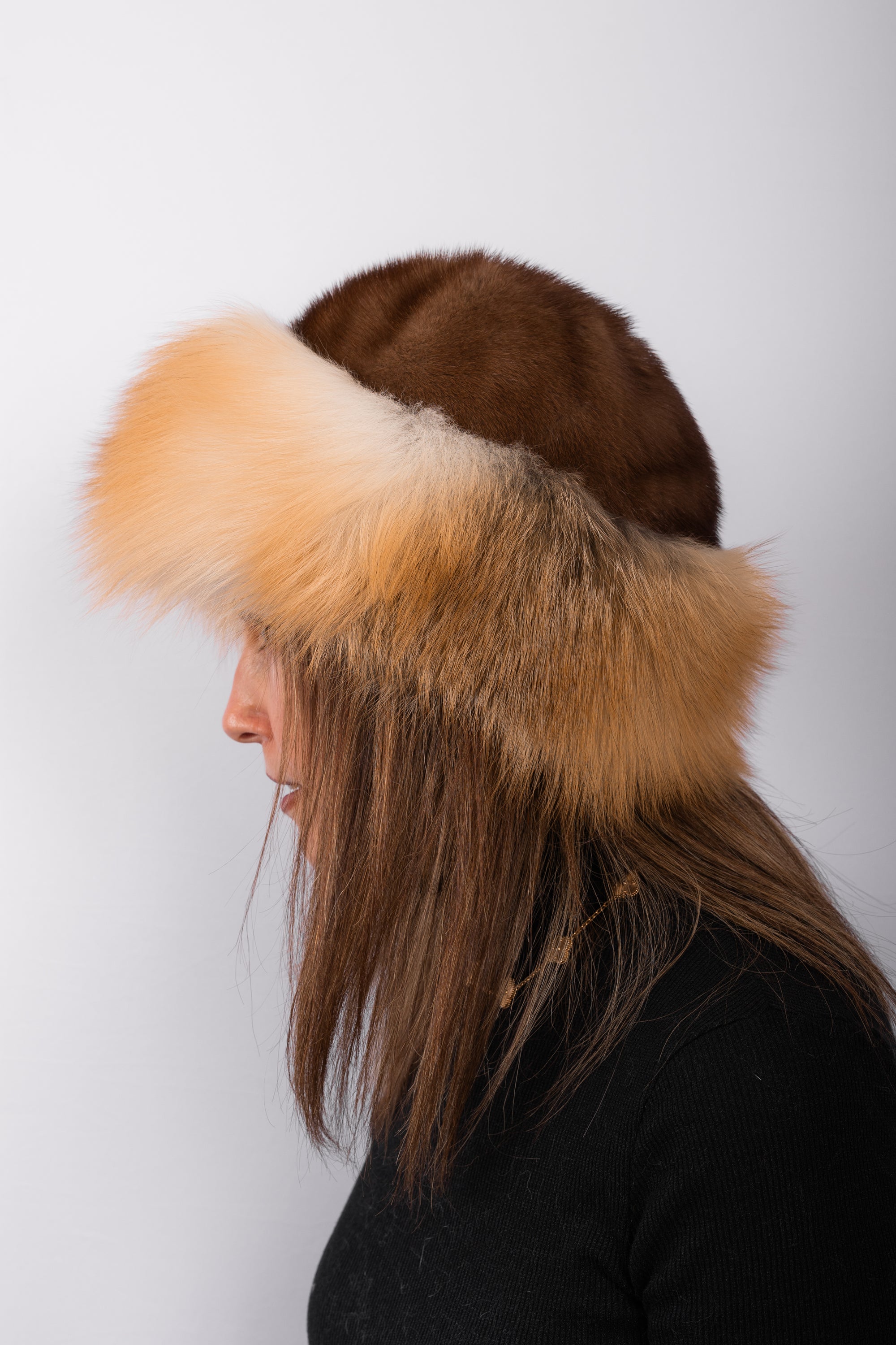 Natural Demi Mink Hat with Golden Island Fox Fur Trim