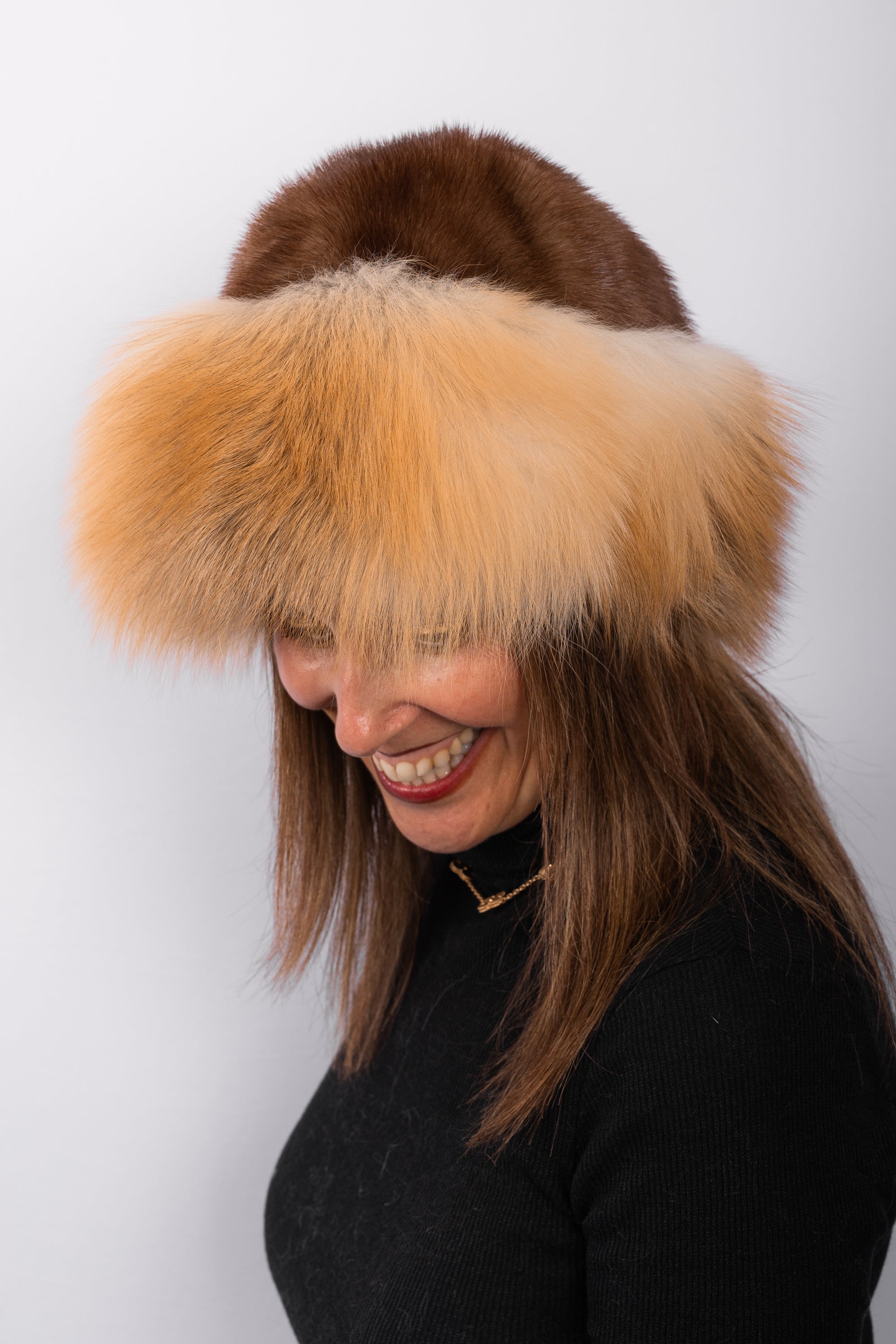 Natural Demi Mink Hat with Golden Island Fox Fur Trim