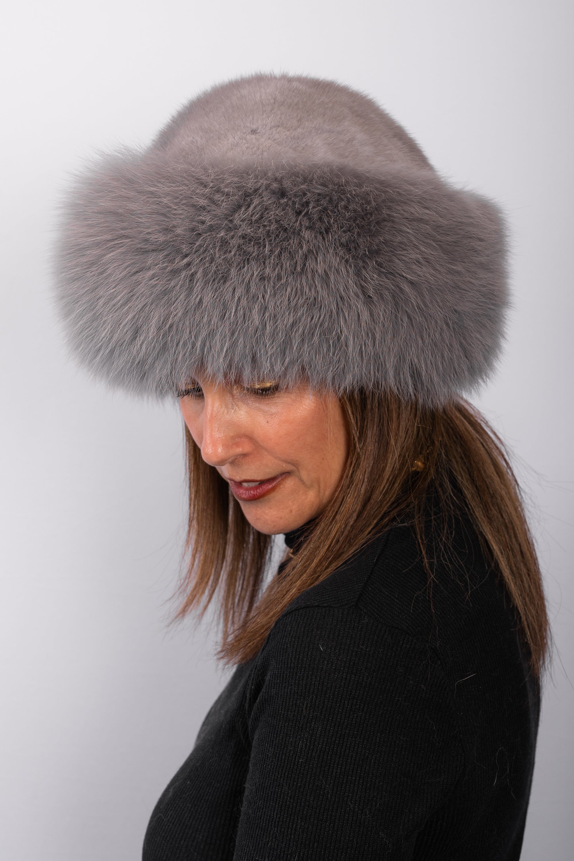 Natural Sapphire Mink Hat with Sapphire Fox Fur Trim