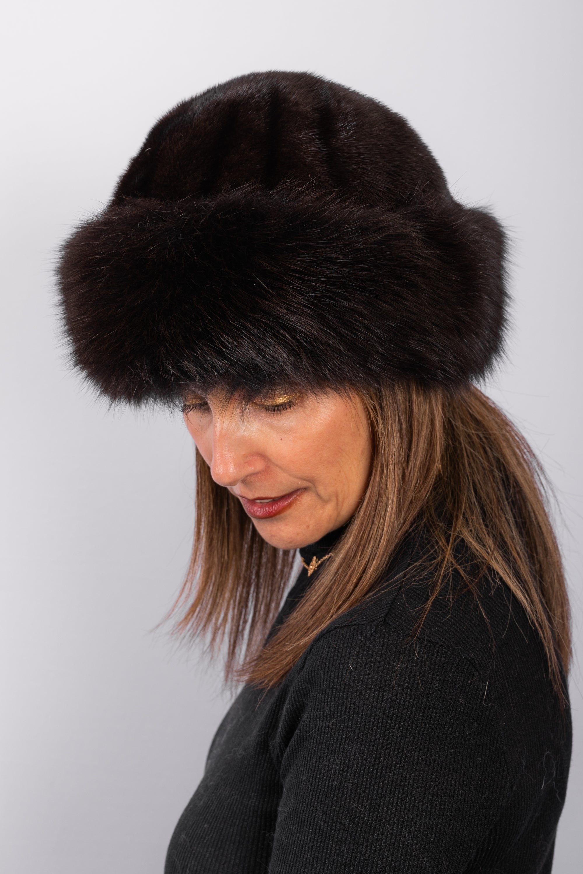 Espresso Mink Hat with Espresso Fox Fur Trim