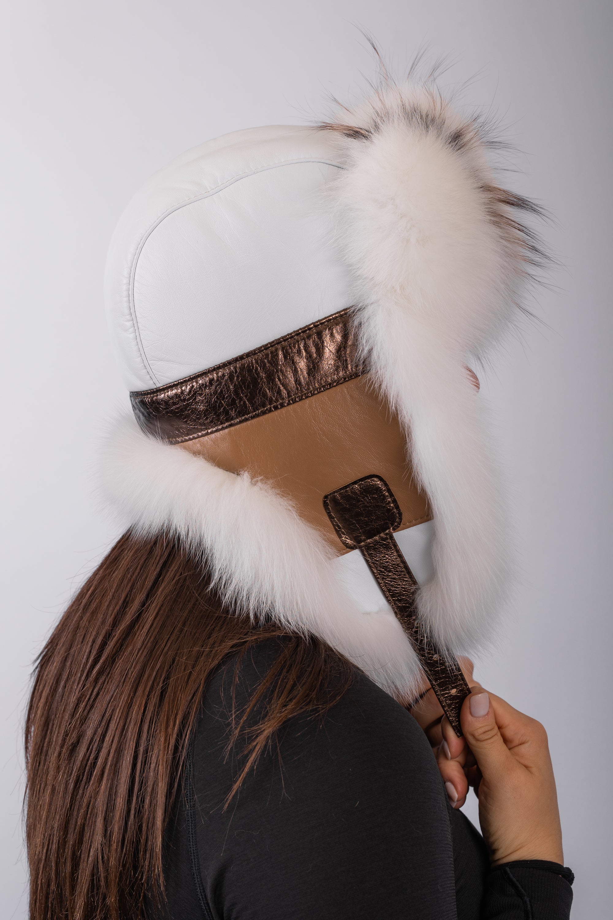 White/Bronze Lamb Leather Musher Hat with Natural White Fox/Asiatic Raccoon Fur Trim