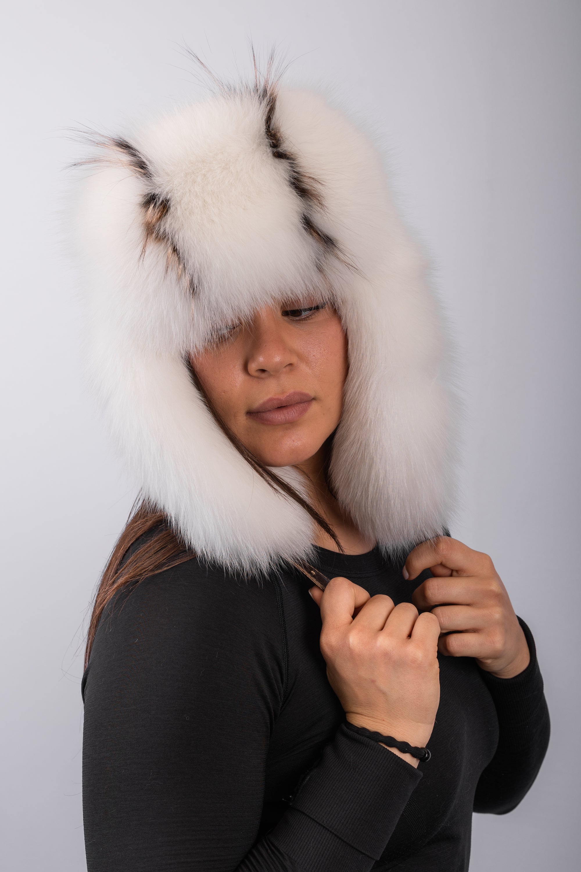 White/Bronze Lamb Leather Musher Hat with Natural White Fox/Asiatic Raccoon Fur Trim