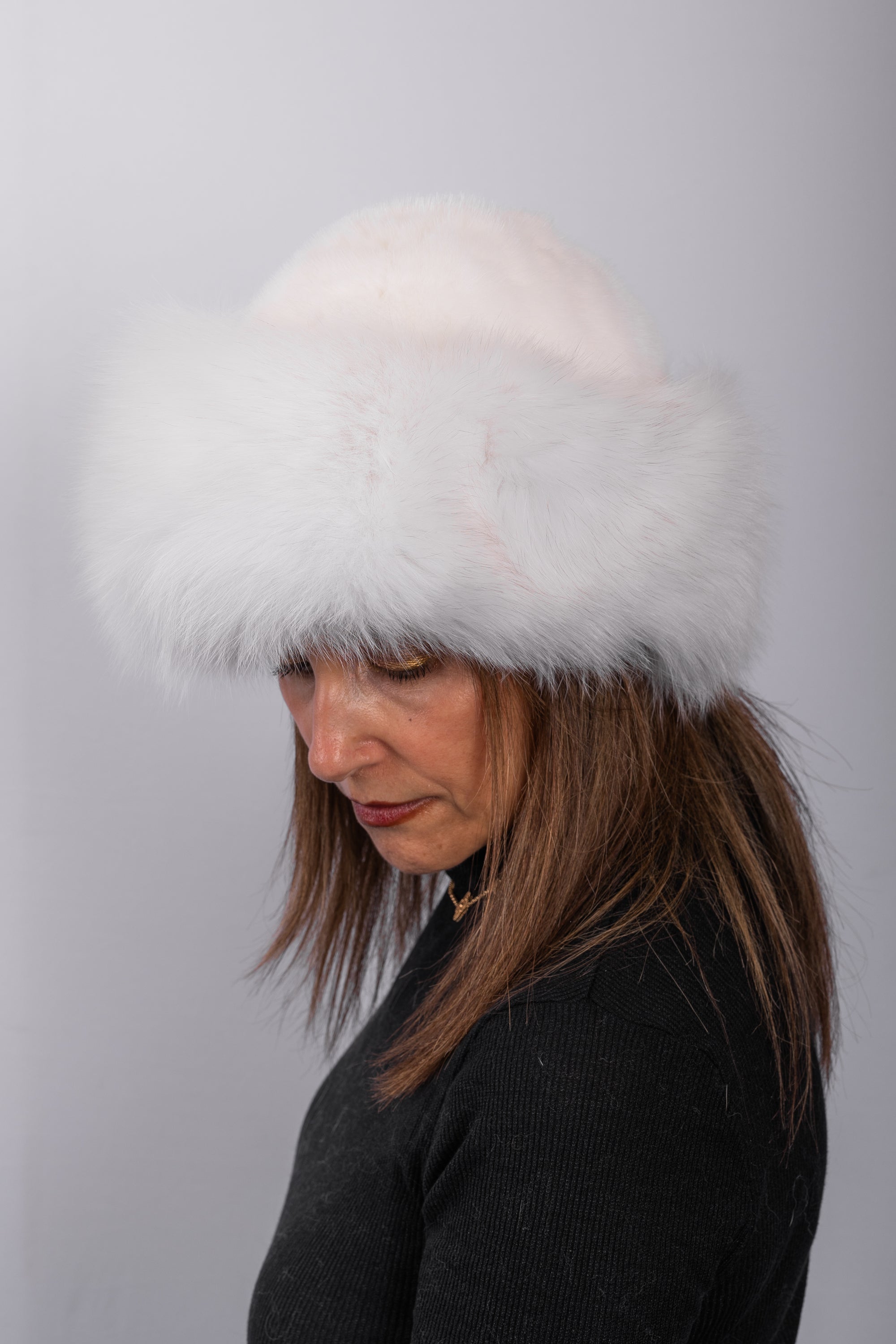 Natural White Mink Hat with White Fox Fur Trim