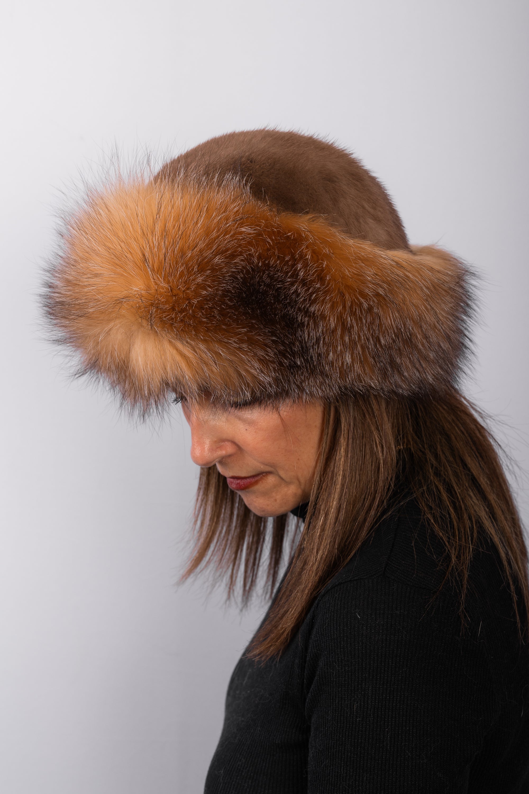 Natural Toffee Mink Hat with Crystal Fox Fur Trim