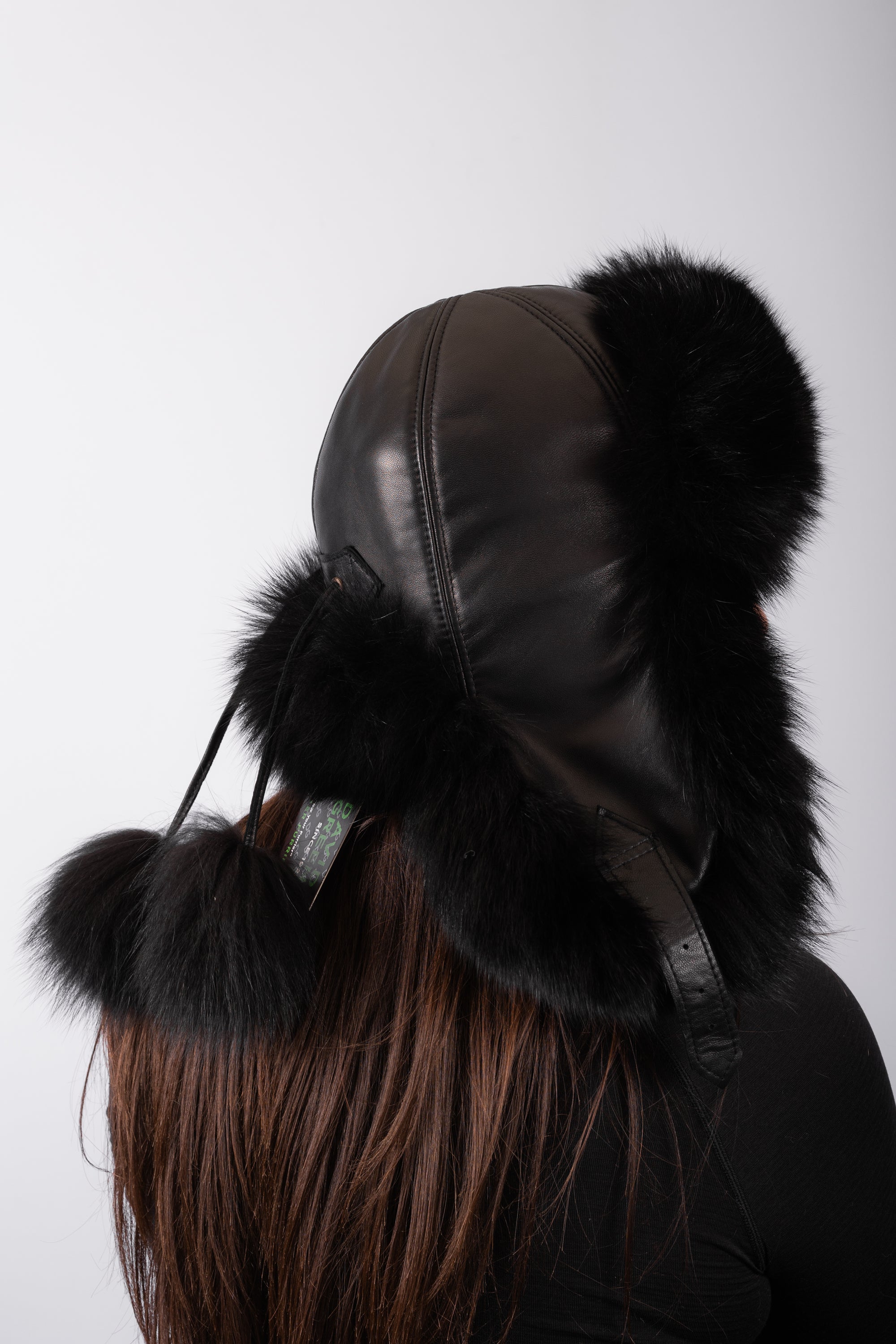 Black Lamb Leather Musher Hat with Black Fox Fur Trim