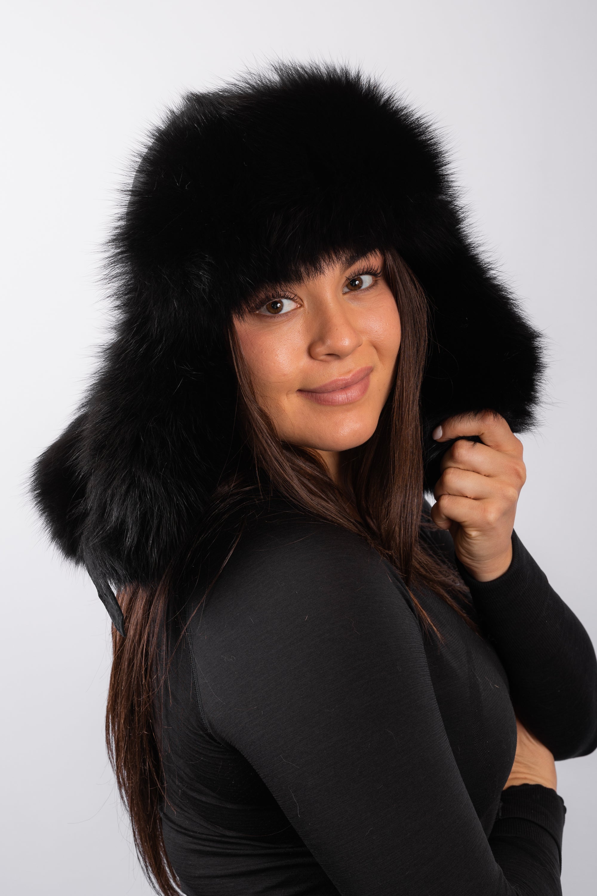 Black Lamb Leather Musher Hat with Black Fox Fur Trim