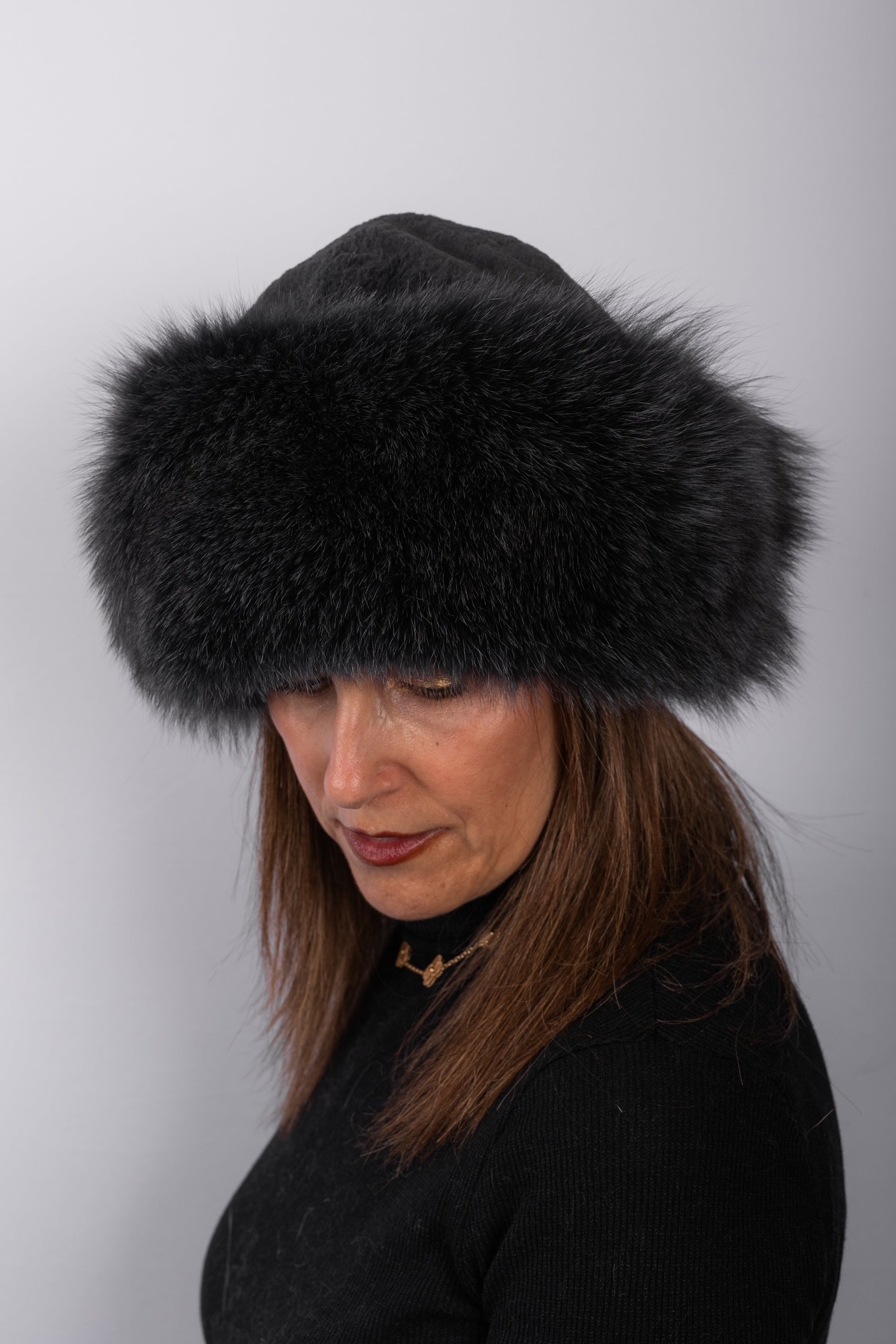 Charcoal Sheared Beaver Hat with Charcoal Fox Fur Trim