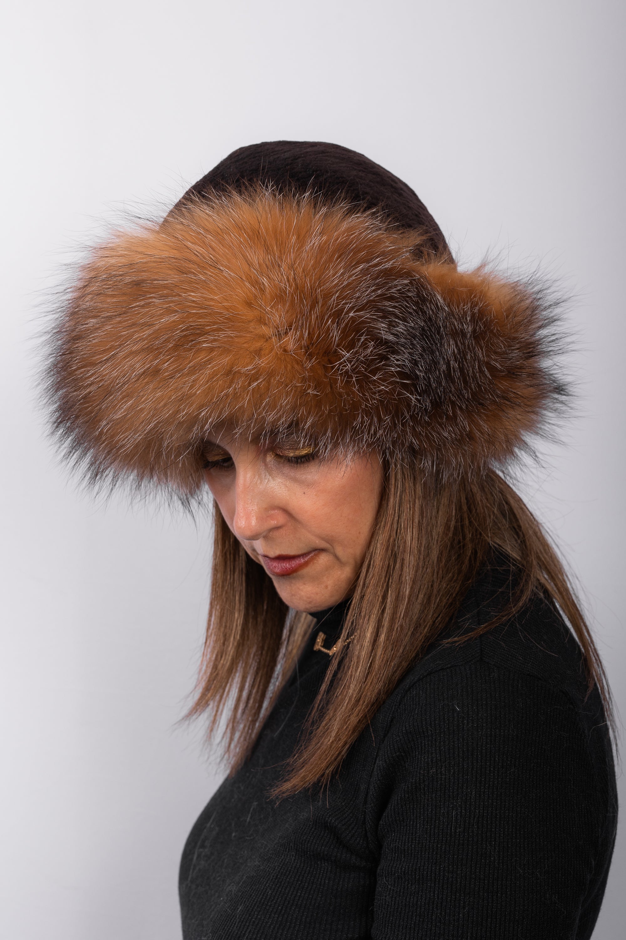 Espresso Sheared Beaver Hat with Crystal Fox Fur Trim