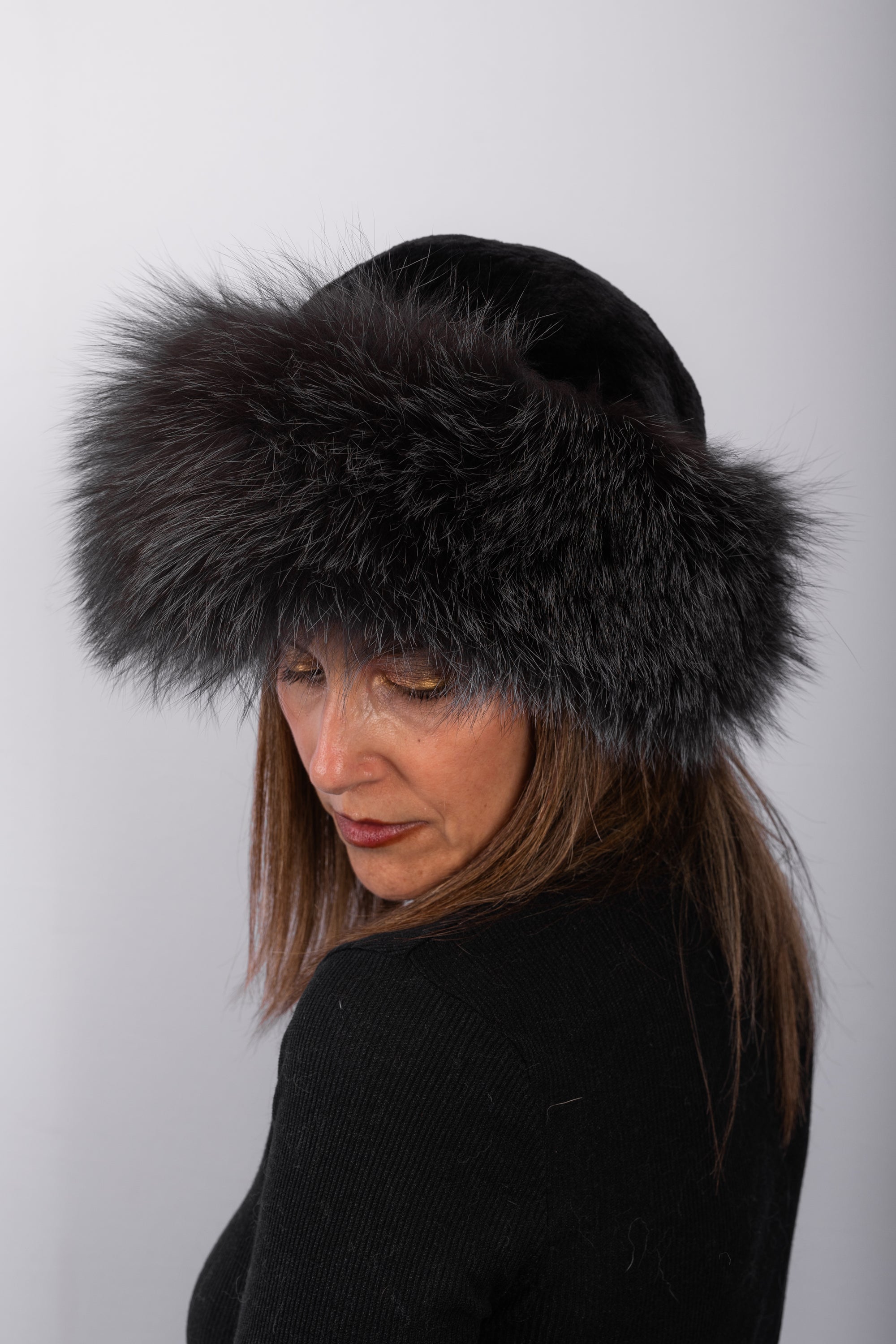 Black Onyx Sheared Beaver Hat with Charcoal Indigo Fox Fur Trim