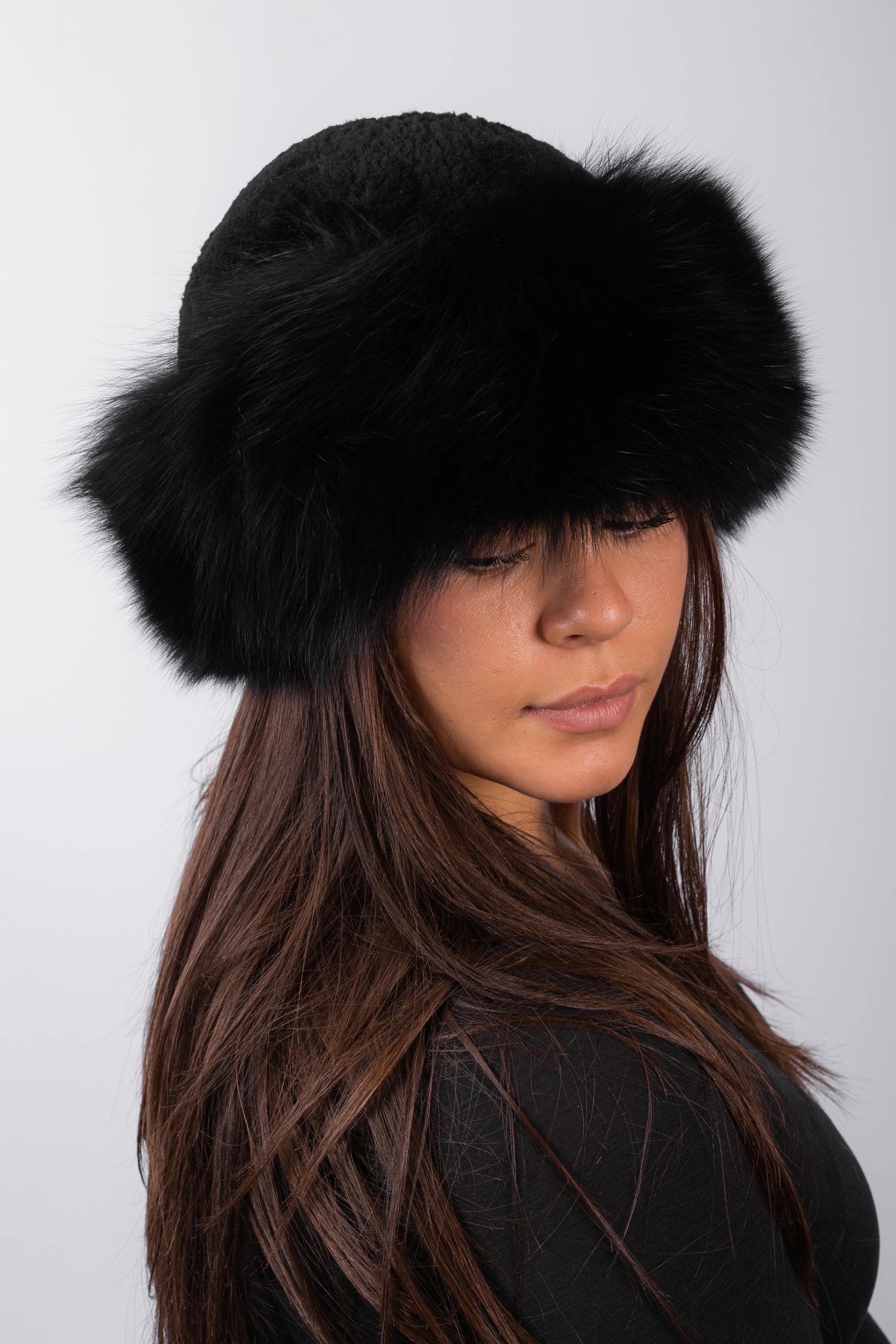 Black Sheared Beaver Hat with Black Fox Fur Trim