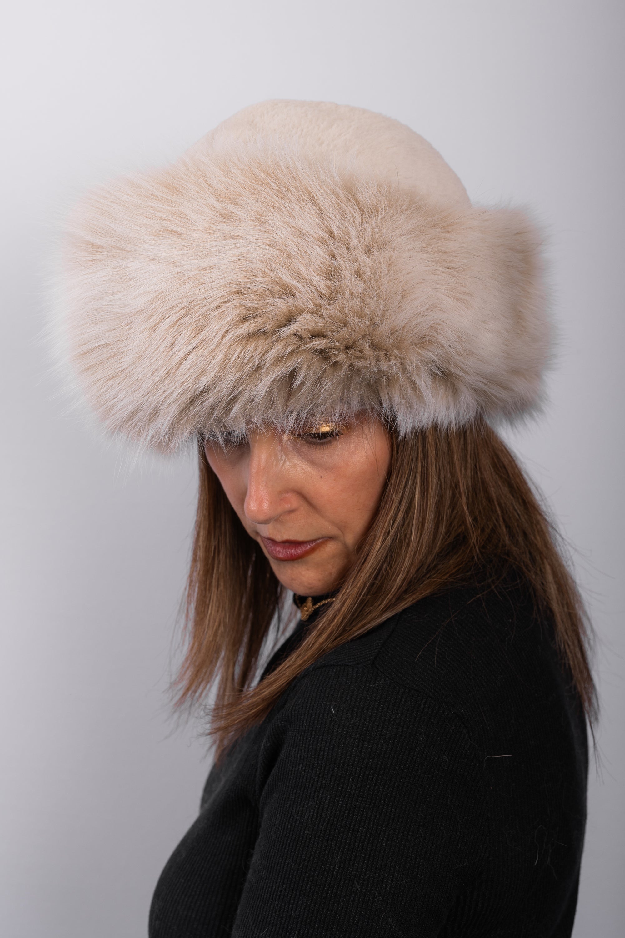 Champagne Blush Sheared Beaver Hat with Champagne Blush Fox Fur Trim