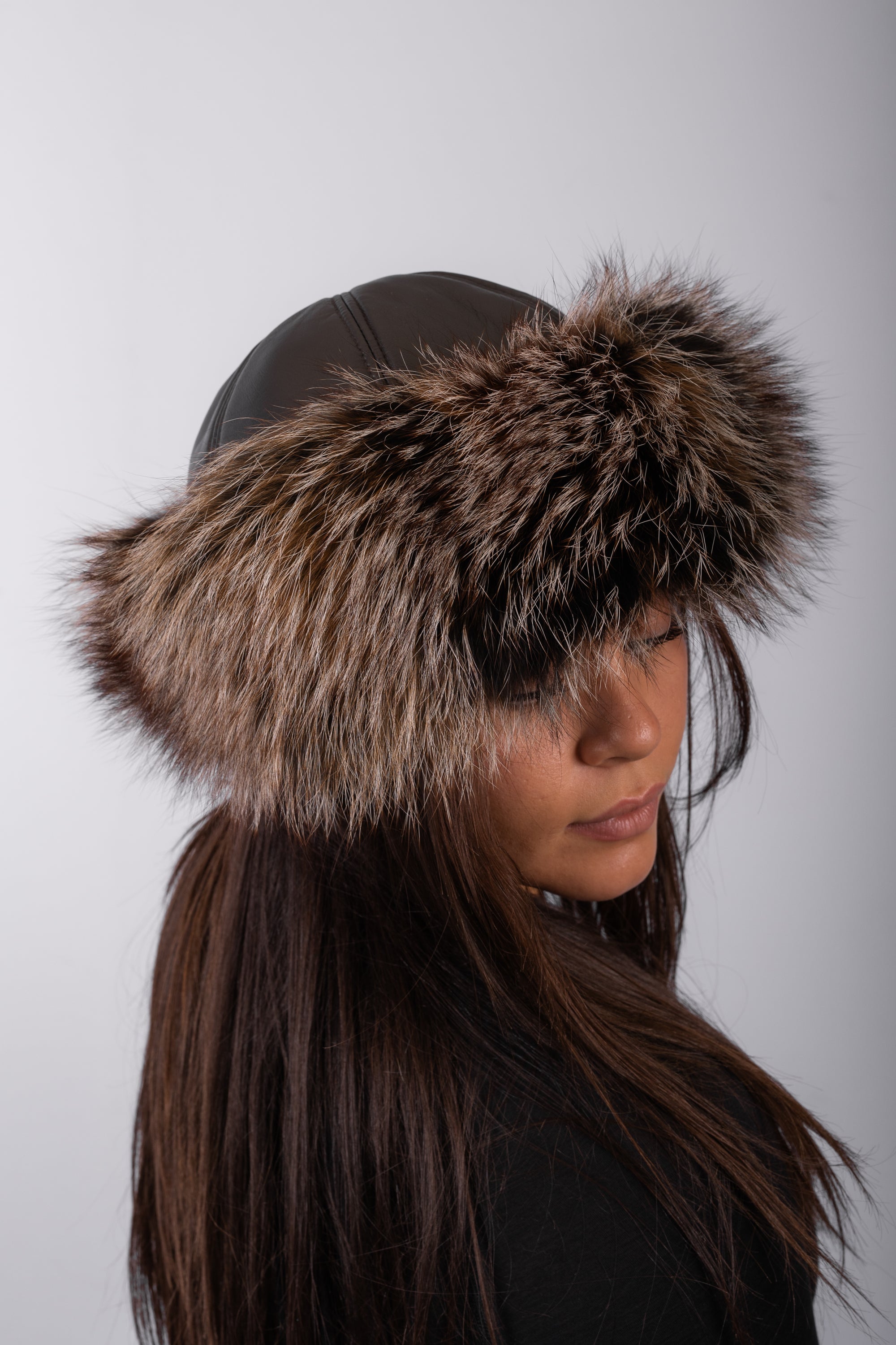 Espresso Lamb Leather Hat with Amber Frost Fox Fur Trim