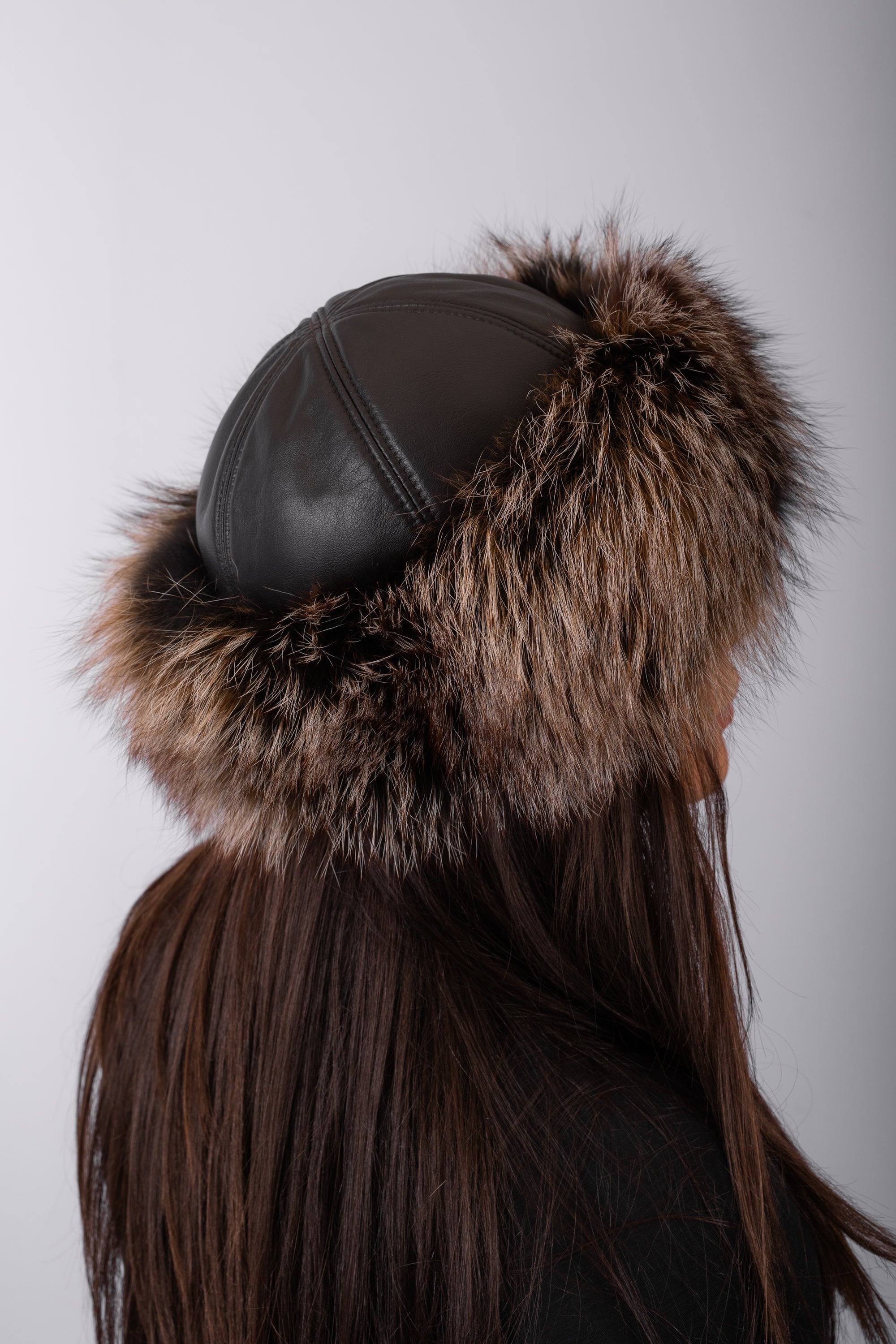 Espresso Lamb Leather Hat with Amber Frost Fox Fur Trim