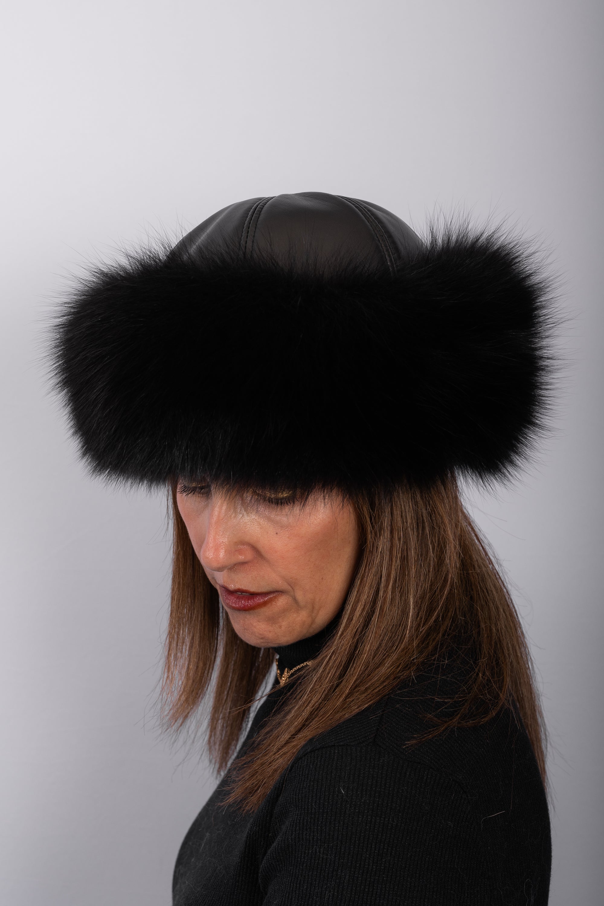 Black Lamb Leather Hat with Black Fox Fur Trim
