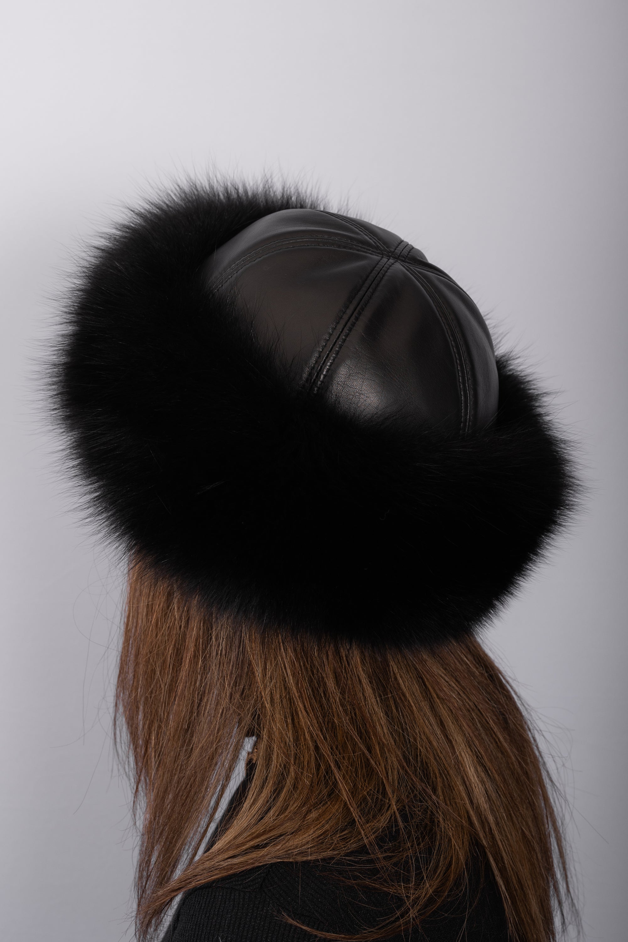 Black Lamb Leather Hat with Black Fox Fur Trim