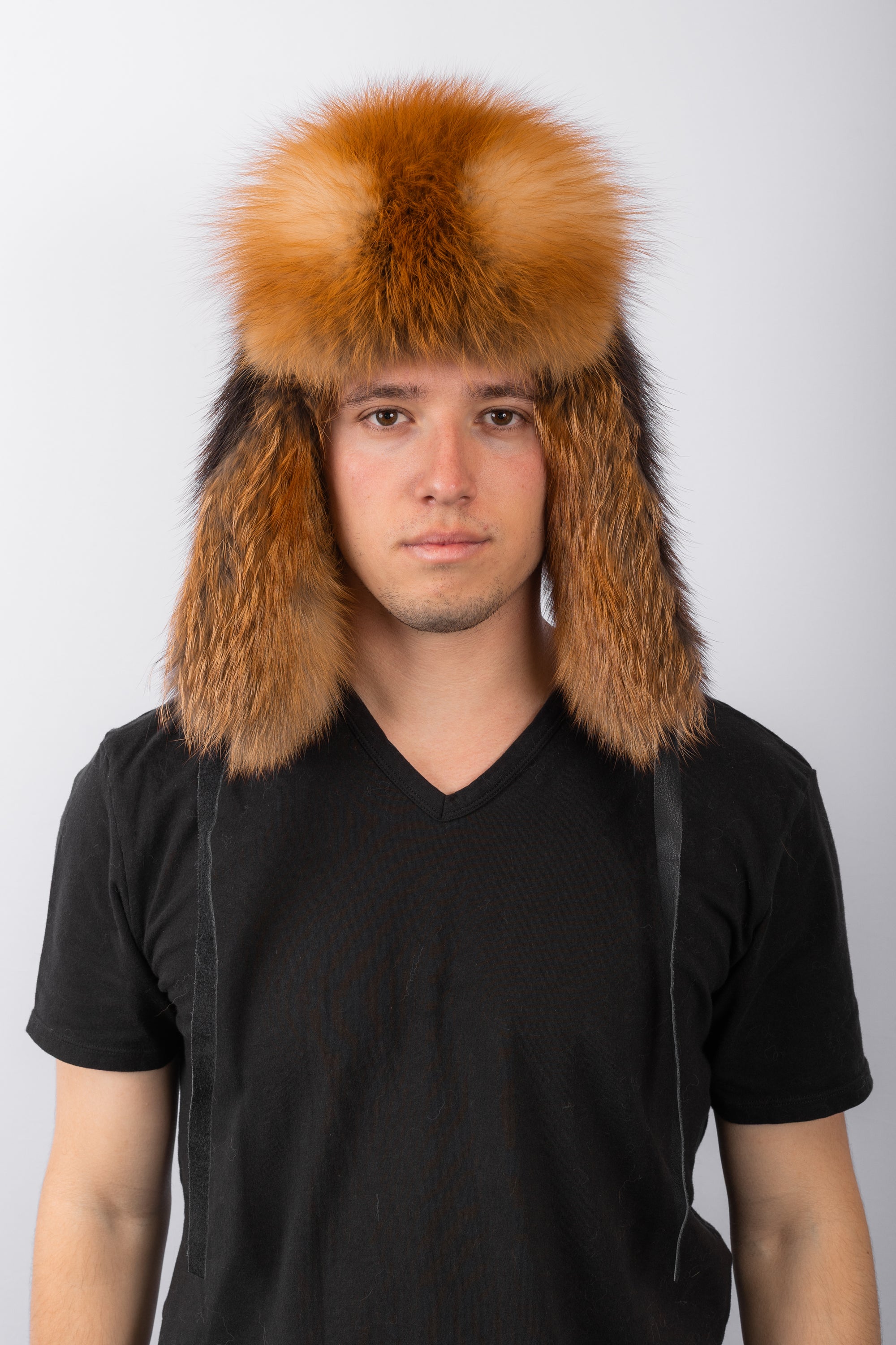 Natural Beaver Musher Hat with Red Fox Fur Trim