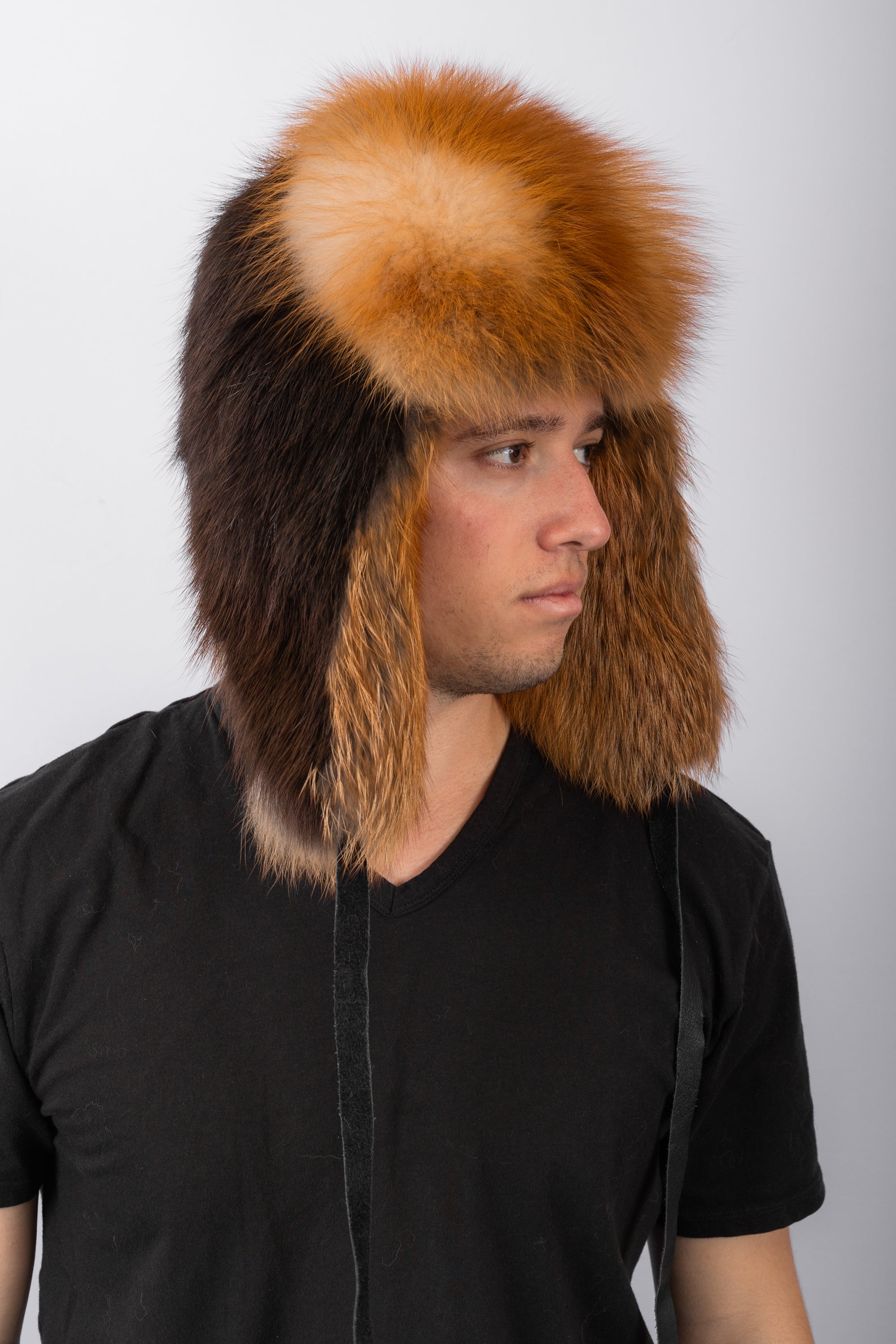 Natural Beaver Musher Hat with Red Fox Fur Trim