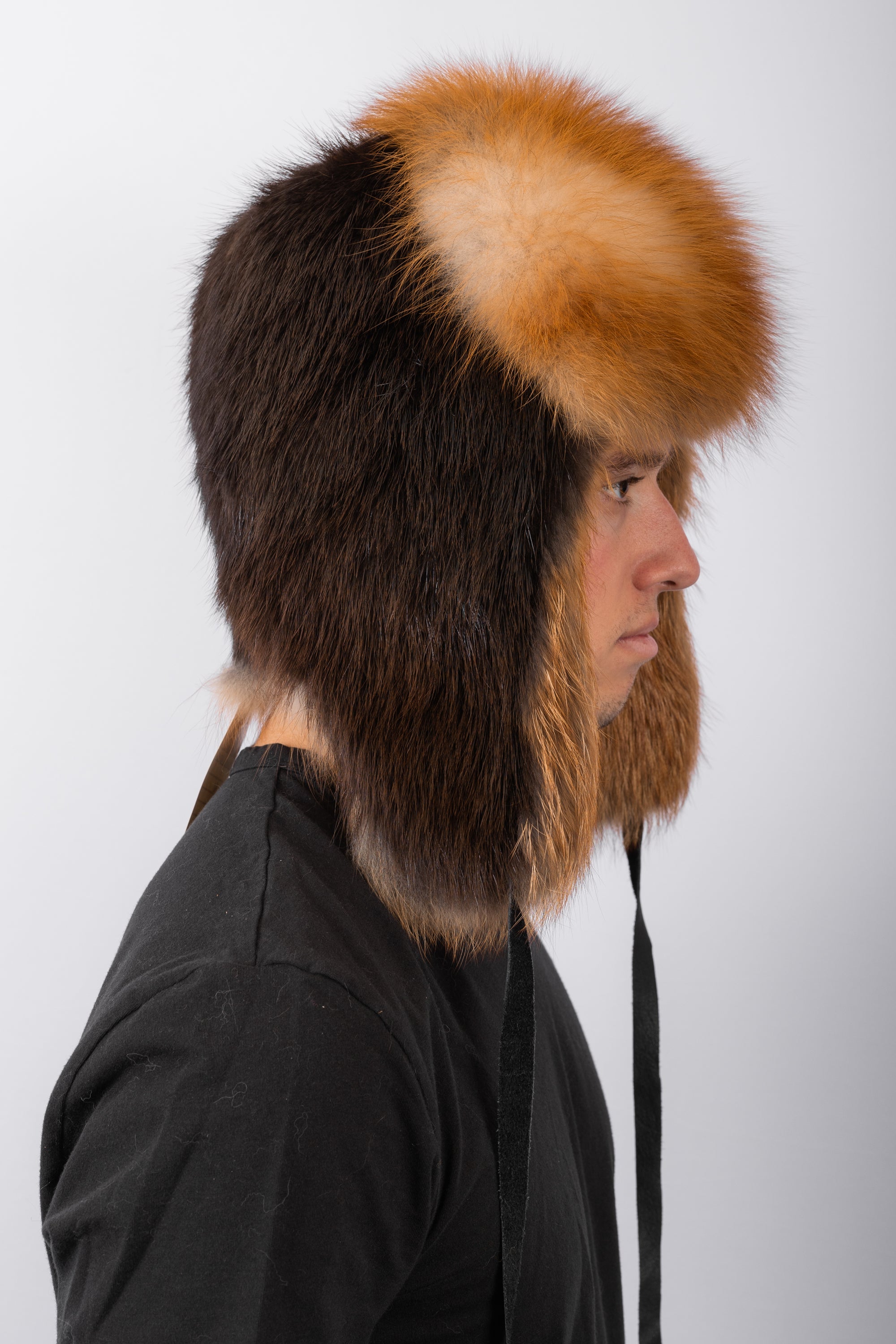 Natural Beaver Musher Hat with Red Fox Fur Trim